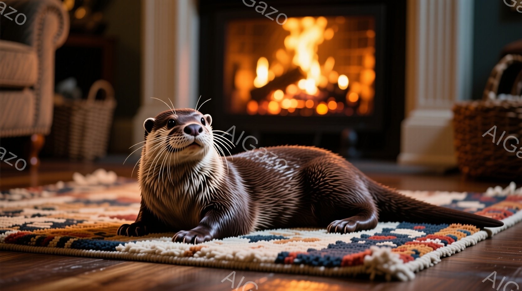 鮮やかな絨毯の上にカワウソが横たわっています。その表情は穏やかで、少しカメラ目線でこちらを見ています。背景には暖炉があり、燃え盛る炎が部屋全体を温かく照らし、リラックスした雰囲気を作り出しています。 - AI生成フリー素材