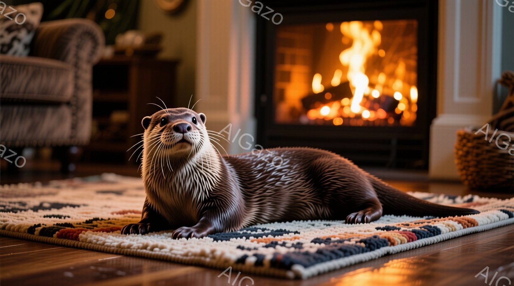 明るいリビングルームの床に、かわいらしいカワウソが横たわっています。毛並みが滑らかで、前足を伸ばし、カメラ目線でこちらを見ています。背景には暖炉があり、炎が燃えており、部屋全体を温かい光で満たしていま - AI生成フリー素材