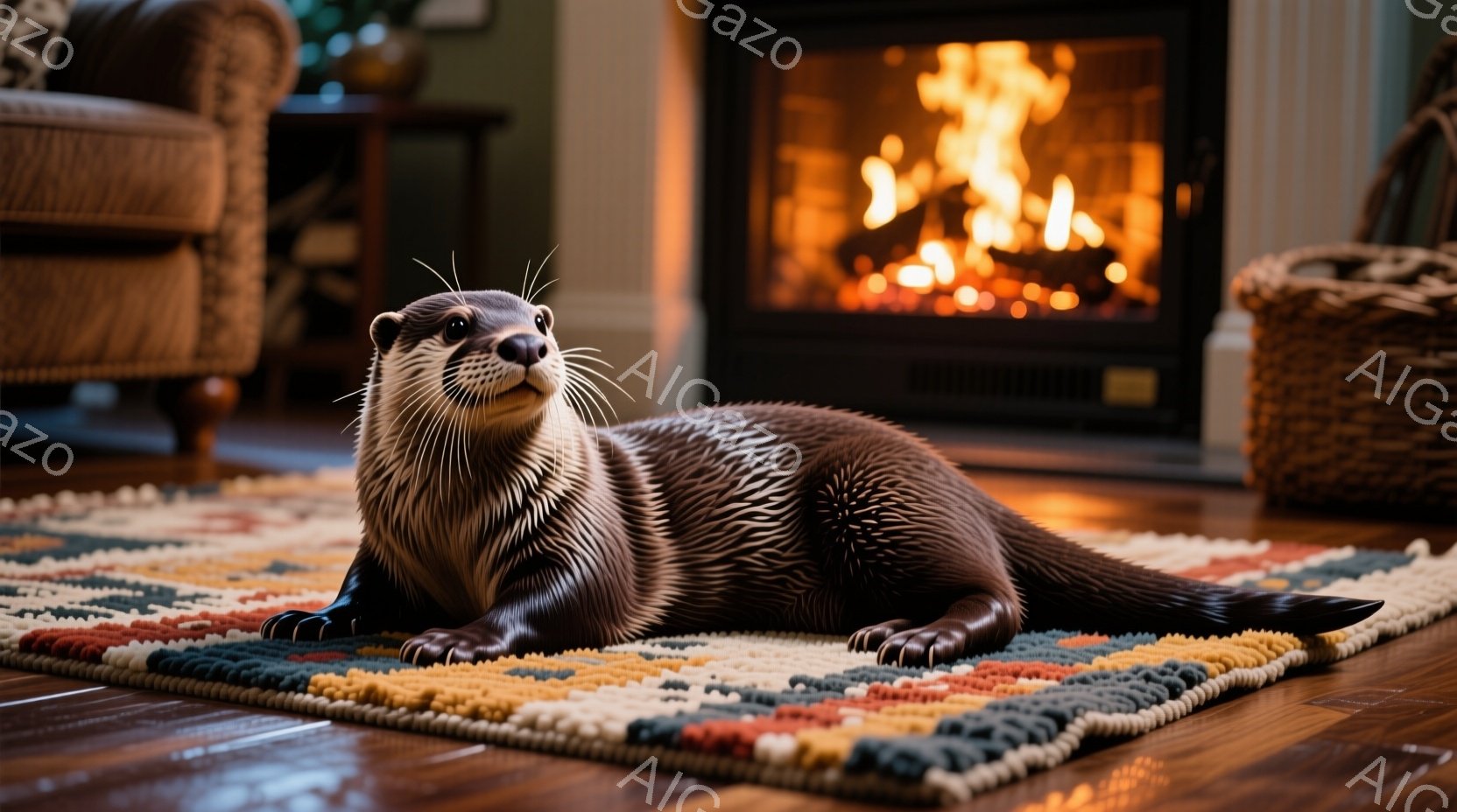 明るい色の絨毯の上にカワウソが横たわっており、カメラの方を見て少し微笑んでいるように見えます。背景には暖炉があり、炎が燃えて暖かく居心地の良い雰囲気を作り出しています。部屋は木製の床で、クラシックな家 - AI生成フリー素材