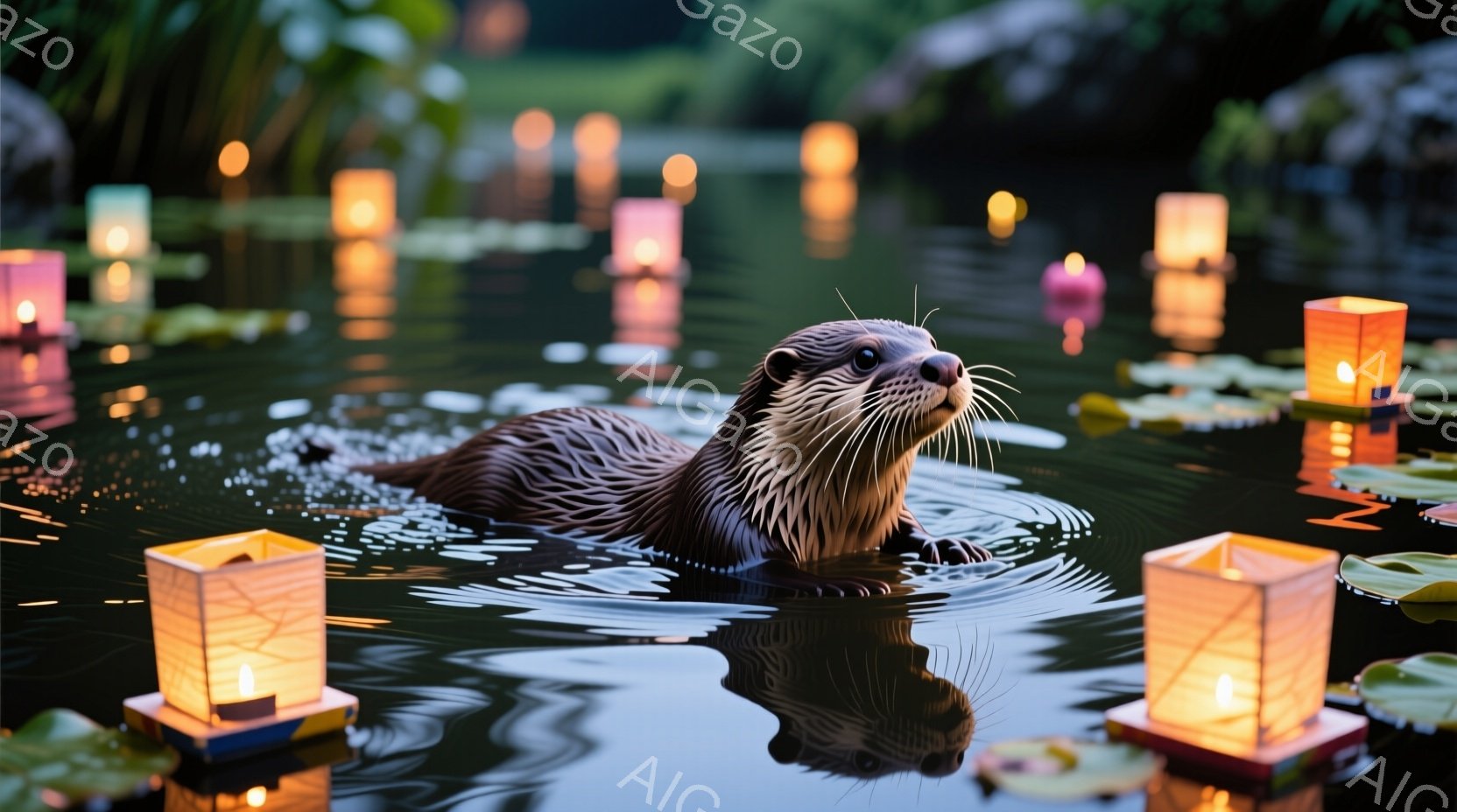 カワウソが水面を泳いでおり、その瞳は好奇心旺盛にこちらを見ている。水面には蓮の葉や灯籠が浮かび、周囲は緑豊かな自然に囲まれている。全体的に幻想的で穏やかな雰囲気が漂っている。 - AI生成フリー素材