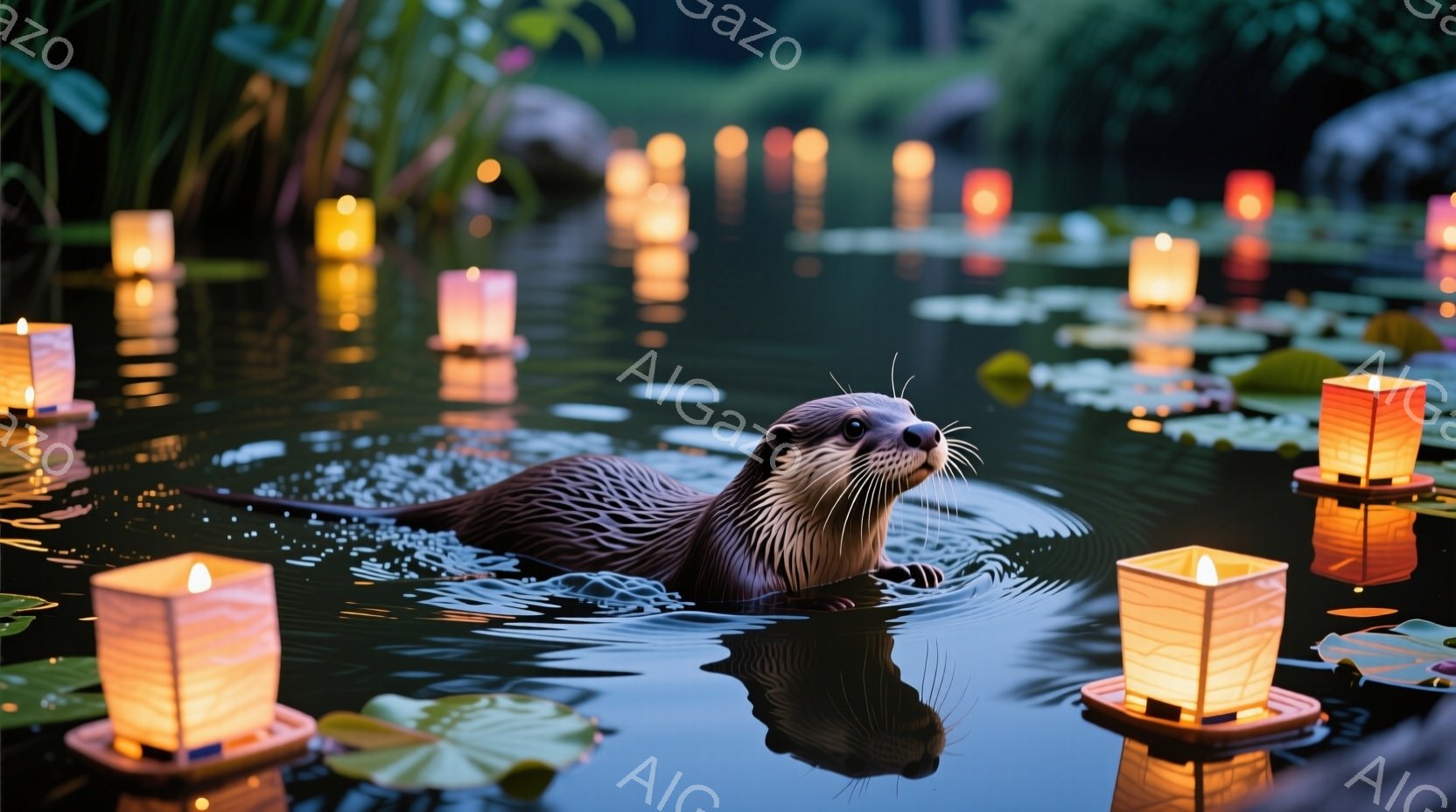 川面には、水面に浮かぶ蓮の葉と、ぼんぼり（提灯）が無数に並び、幻想的な光景が広がっています。カワウソが水面から顔を出し、こちらを見て微笑んでいるようで、穏やかで平和な雰囲気が漂っています。夜空は暗く、 - AI生成フリー素材