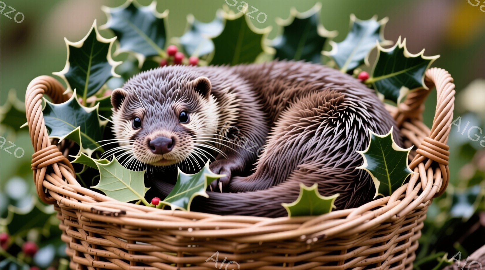 籠の中にカワウソが丸まって眠っている様子が写っている。緑の葉と赤い実が籠の周りを飾り、背景はぼやけた自然の風景で、暖かく穏やかな雰囲気を醸し出している。カワウソはリラックスした表情で、可愛らしい仕草を - AI生成フリー素材