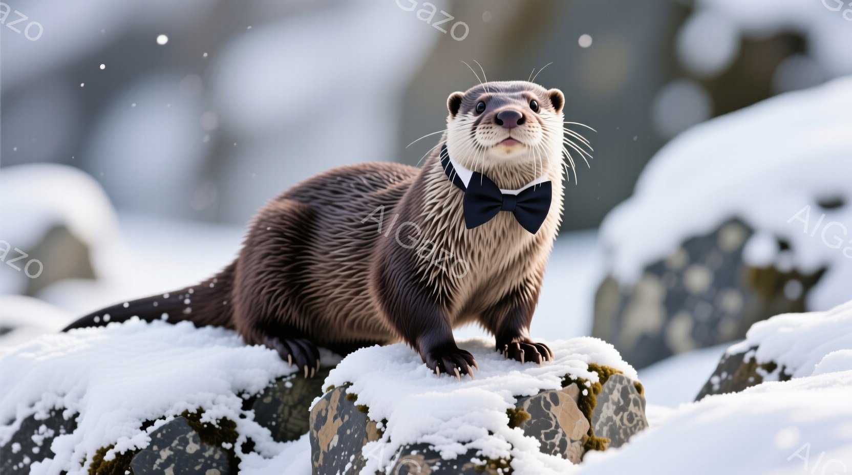 非常に愛らしいカワウソが、雪に覆われた岩の上に立っている。黒い蝶ネクタイを上品に身につけ、少しいたずらっぽい表情でこちらを見ている。背景は雪景色で、冷たく冬らしい雰囲気を醸し出している。 - AI生成フリー素材