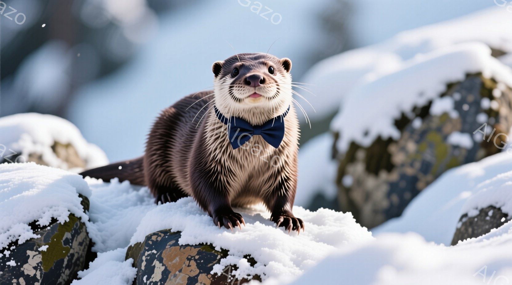 茶色のカワウソが雪の上に立っており、首には濃い青色の蝶ネクタイが結ばれています。カワウソは正面を見ており、穏やかで可愛らしい表情をしています。背景には雪に覆われた岩があり、冬の自然の雰囲気を醸し出して - AI生成フリー素材