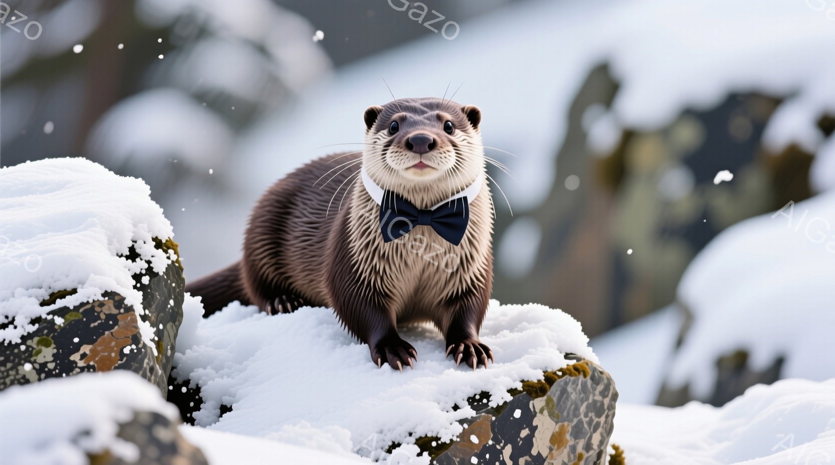 雪に覆われた岩の上に、タキシードを着たカワウソが立っている。黒い蝶ネクタイが可愛らしく、正面を見て少し微笑んでいるような表情をしている。背景は雪景色で、寒々しいながらもどこかユーモラスな雰囲気を醸し出している。