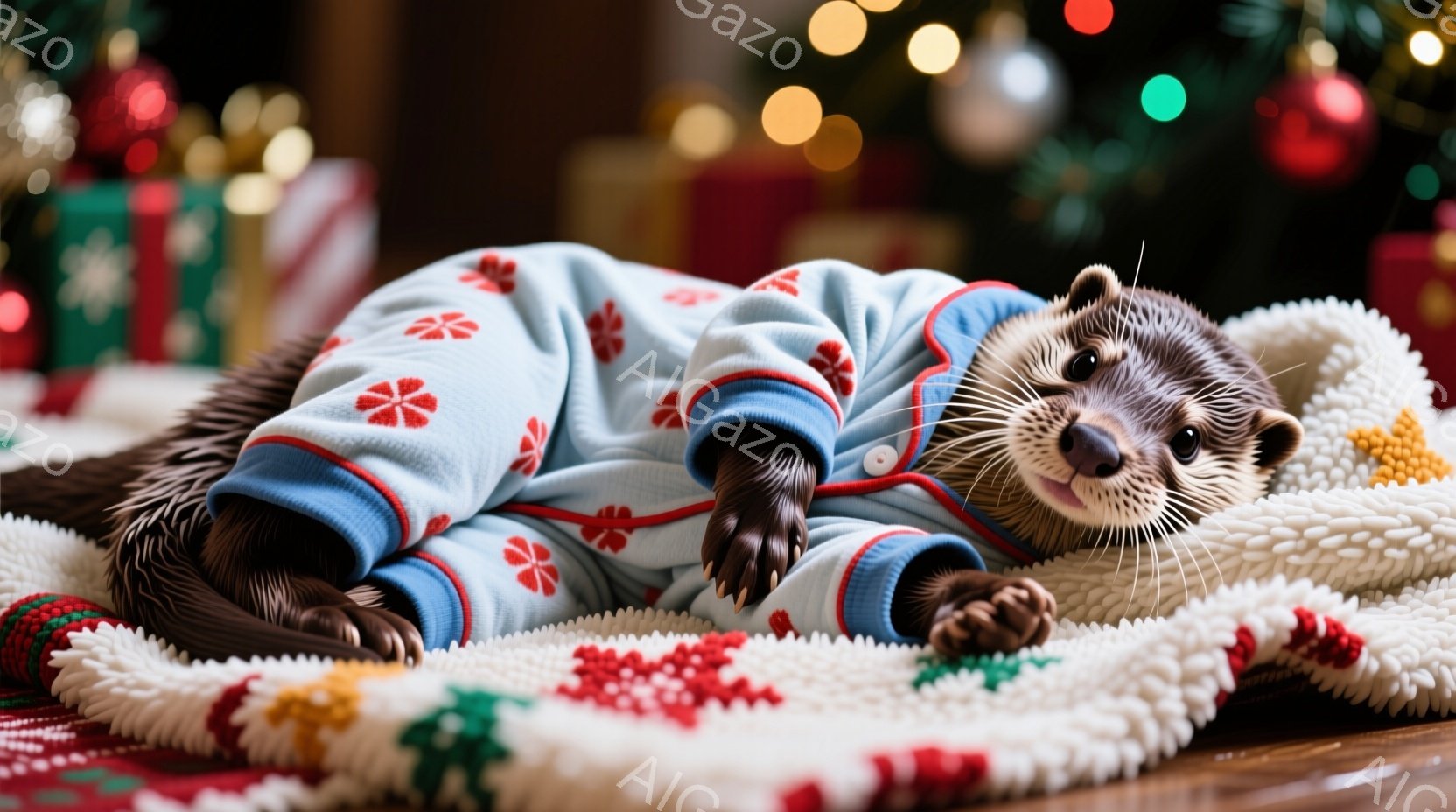 鮮やかな背景のクリスマスツリーとプレゼントの横で、かわいらしいカワウソが水色のクリスマス柄のパジャマを着て仰向けに寝ています。その表情はリラックスしており、前足は体の前に伸ばし、まるで人間のように安ら - AI生成フリー素材