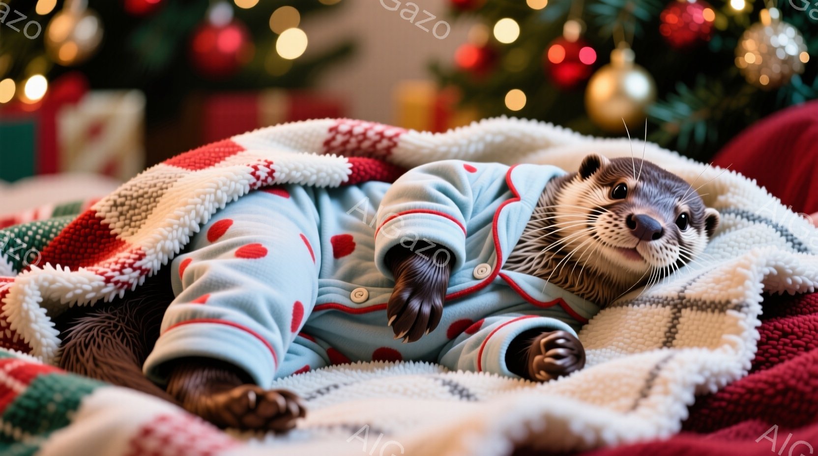 タヌキのような動物が、水色の水玉模様のパジャマを着て、赤いと緑のチェック柄の毛布の上で仰向けになってリラックスしています。その表情は穏やかで、まるで人間のように片手を頬に当てています。背景には、ぼやけたクリスマスツリーとプレゼントが見え、暖かく、居心地の良い雰囲気が漂っています。