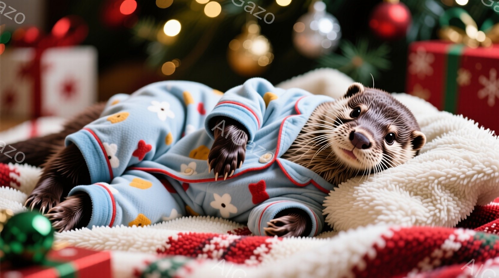 柔らかい毛布の上に、水色の花柄の服を着たカワウソが横たわっています。カワウソはリラックスした表情で、小さな前足を前に出して、まるで人間のようにくつろいでいます。背景には、クリスマスツリーやプレゼントボ - AI生成フリー素材