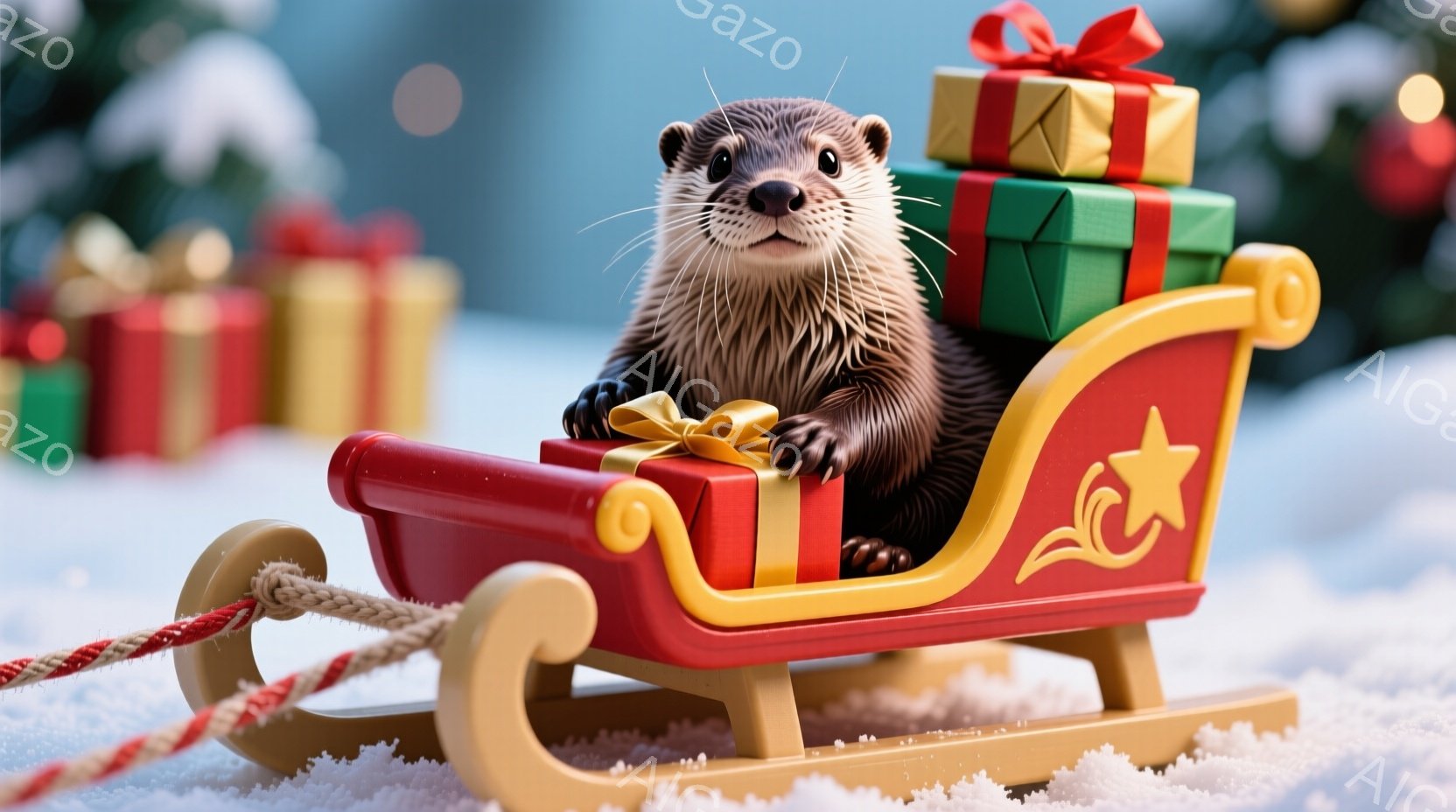 雪の上に赤いそりが置かれており、その中にカワウソが座っています。カワウソは前に手を伸ばし、緑色のリボンで飾られたプレゼントの山を支えています。背景には、他のプレゼントやぼやけたクリスマスツリーが見え、 - AI生成フリー素材