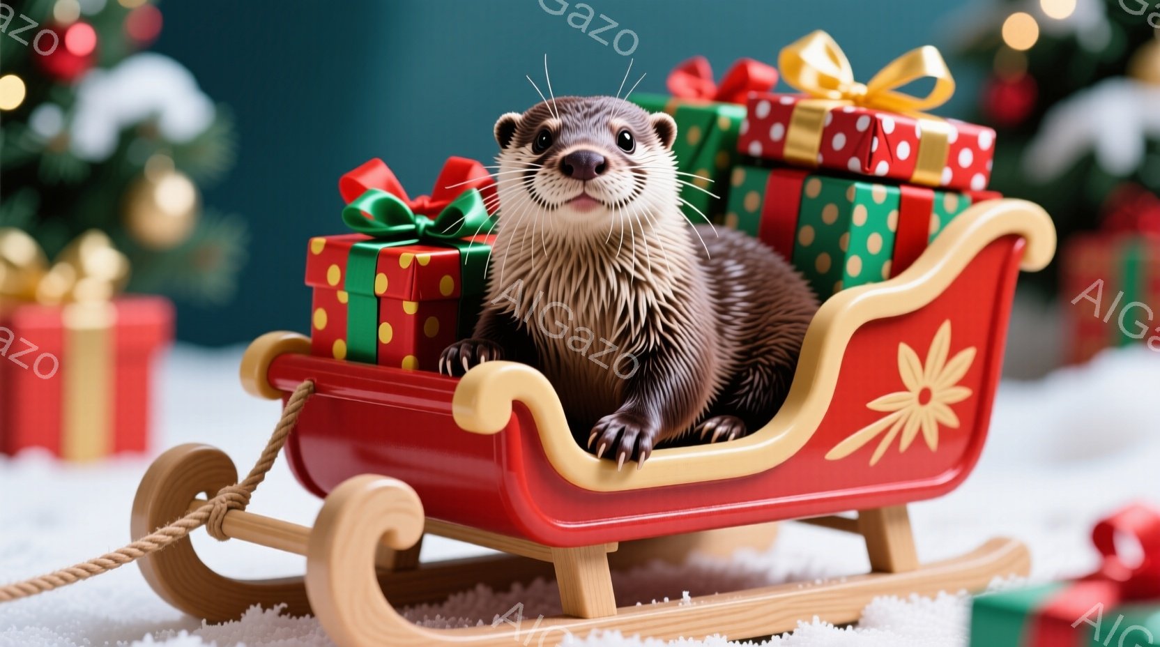 赤いそりに可愛らしいカワウソが座っており、その上にはプレゼントの箱が積み重ねられています。カワウソは前足をそりの縁に置き、リラックスした表情でカメラを見ています。背景にはクリスマスツリーと雪が敷かれた - AI生成フリー素材
