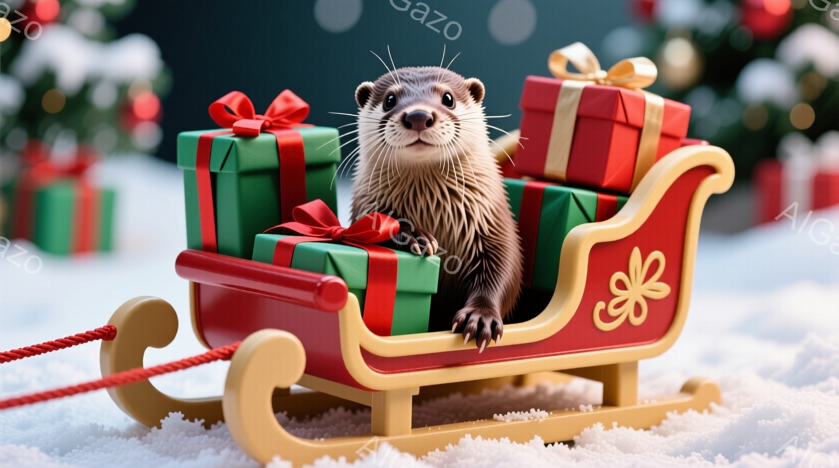 赤いそりにプレゼントが積み込まれ、その中にカワウソが顔を出しています。カワウソは明るい表情で、好奇心旺盛そうに前を見つめています。背景にはクリスマスツリーが見え、雪景色の中に温かく、お祝いムード満載の - AI生成フリー素材