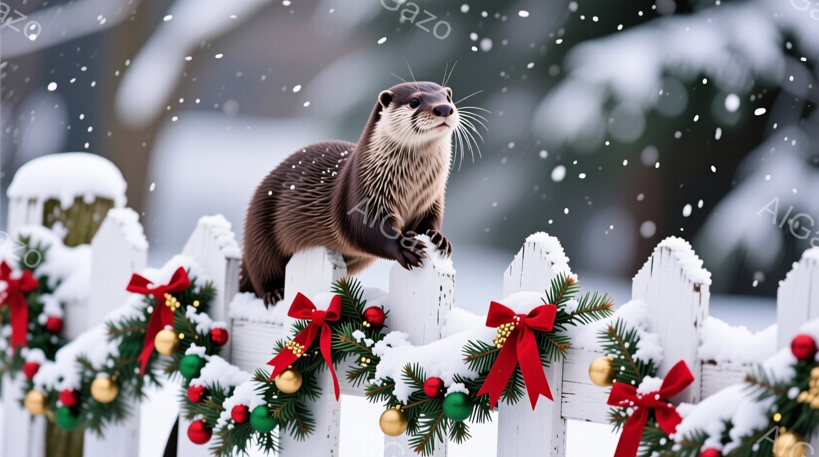 白い柵の上にカワウソが立っており、雪が降る冬の風景です。柵には、赤いリボンと緑の葉っぱで作られたクリスマスデコレーションが施されており、可愛らしい雰囲気を醸し出しています。背景はぼやけていますが、雪景 - AI生成フリー素材