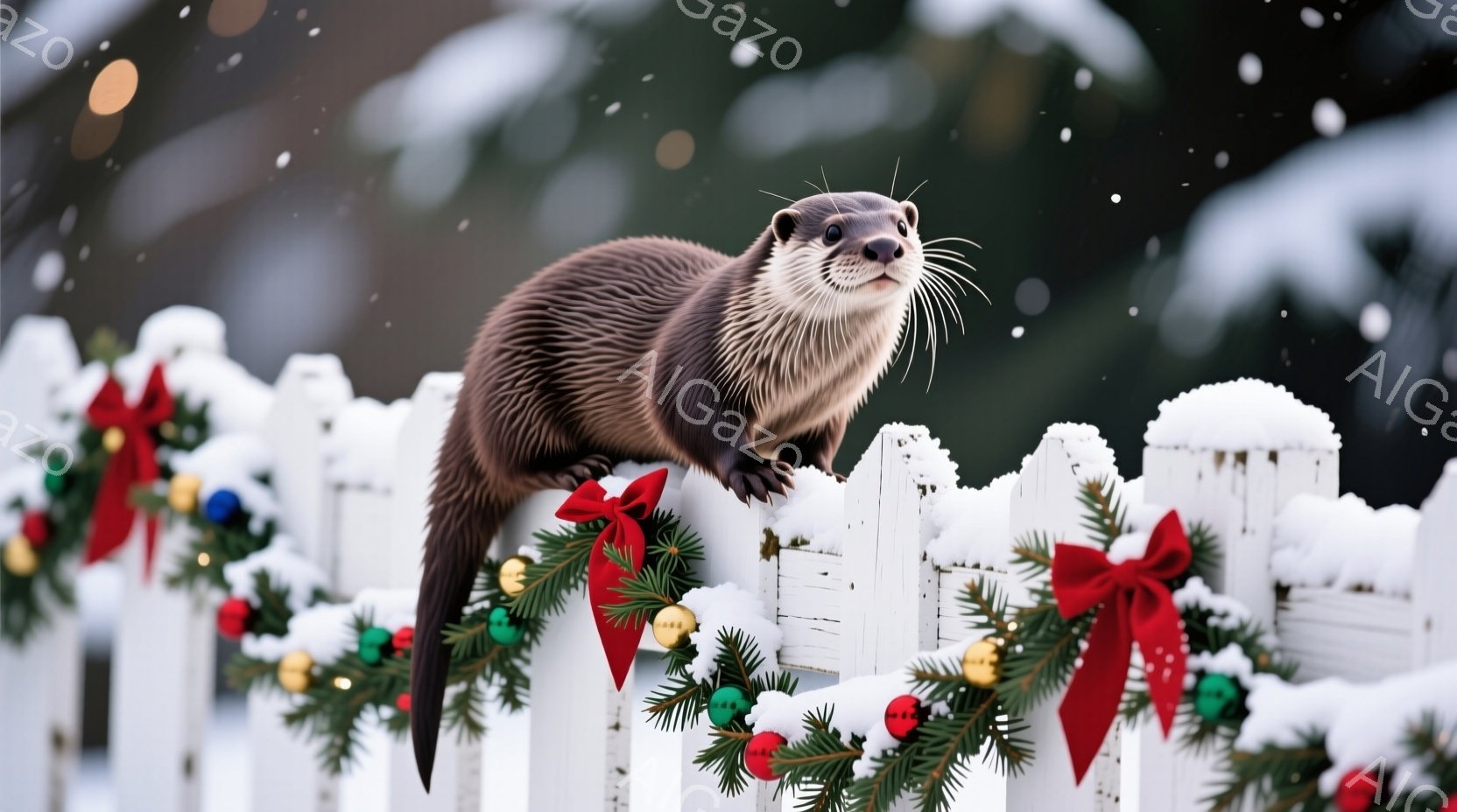 白い柵の上にカワウソが立っており、頭を少し傾けてこちらを見ている。柵にはクリスマスリースが飾られており、赤いリボンやオーナメントが雪の上に映える。背景は緑色の木々と雪が舞う冬の風景で、全体的に温かく可 - AI生成フリー素材