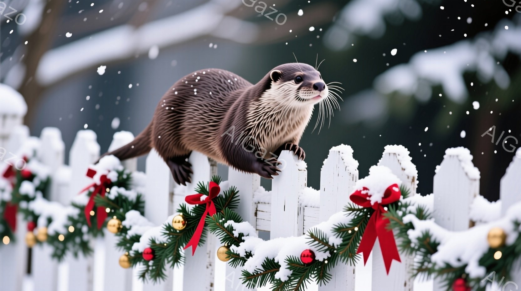 雪がちらつく背景に、白い柵の上にカワウソが立っています。カワウソは黒と茶色の毛並みで、顔は雪で少し濡れており、正面を見て穏やかな表情をしています。柵にはクリスマスリースが飾り付けられており、全体的に冬 - AI生成フリー素材