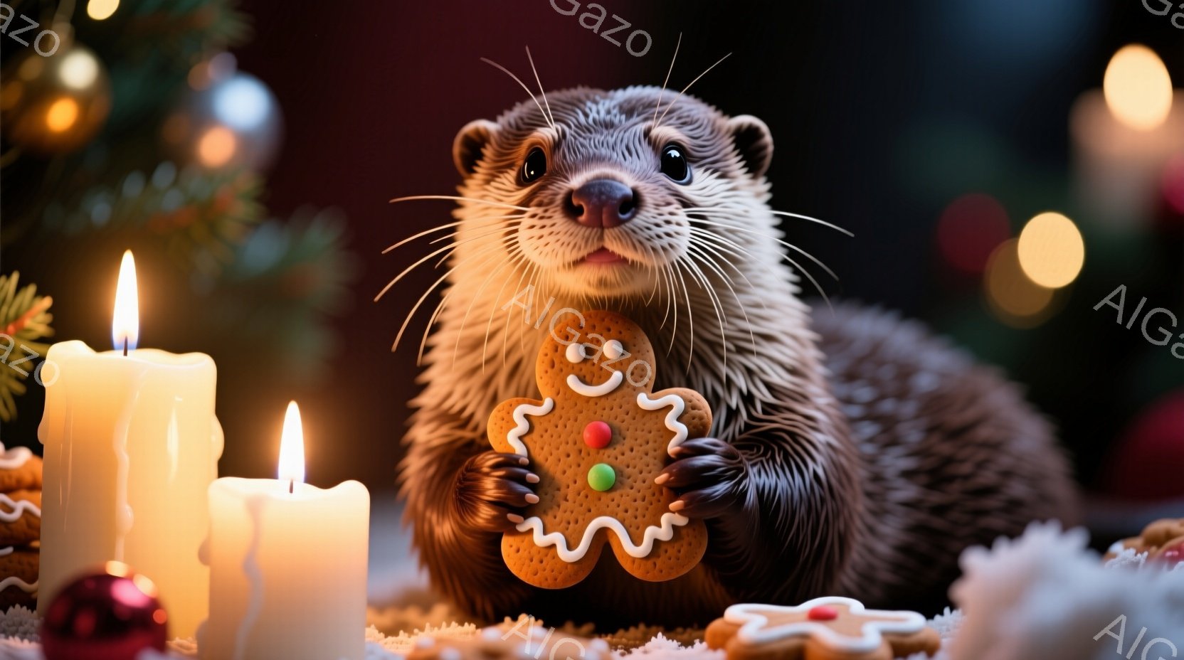 クリスマスの飾りとキャンドルに囲まれたカワウソが描かれています。カワウソは両手でジンジャーブレッドクッキーを持っており、嬉しそうな表情をしています。背景はぼやけたクリスマスツリーとキラキラとした光で、 - AI生成フリー素材