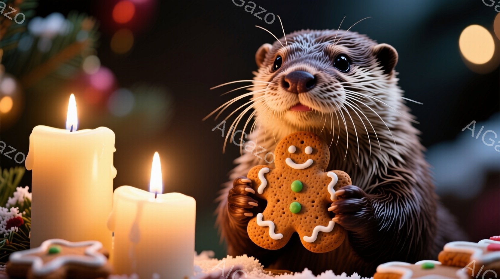 カワウソが、手でジンジャーブレッドマンのクッキーを抱えています。背景には、点灯したキャンドルと、雪のような白い装飾、そしてぼやけたカラフルな光の玉が見えます。暖かく、お祝いの雰囲気が漂う、可愛らしい一 - AI生成フリー素材