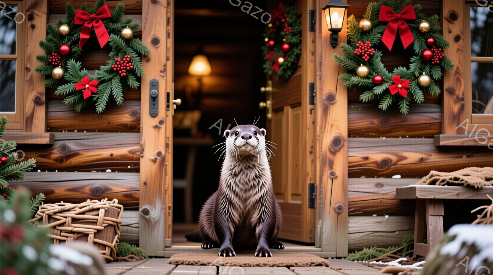 カワウソが、ログハウス風の建物の入り口に座っています。入り口の両側には、赤い実のついたクリスマスリースが飾られ、正面には小さな提灯が吊るされています。背景は暖色系の木造建築で、冬の穏やかな雰囲気を醸し - AI生成フリー素材