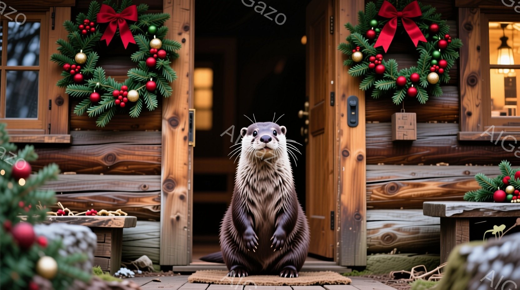 カワウソが木のドアの前にまっすぐ座ってこちらを見ています。ドアにはクリスマスリースが飾られ、ドアの横には小さなテーブルが置かれています。背景は木製の壁で、暖かく、お祝いの雰囲気が漂っています。 - AI生成フリー素材