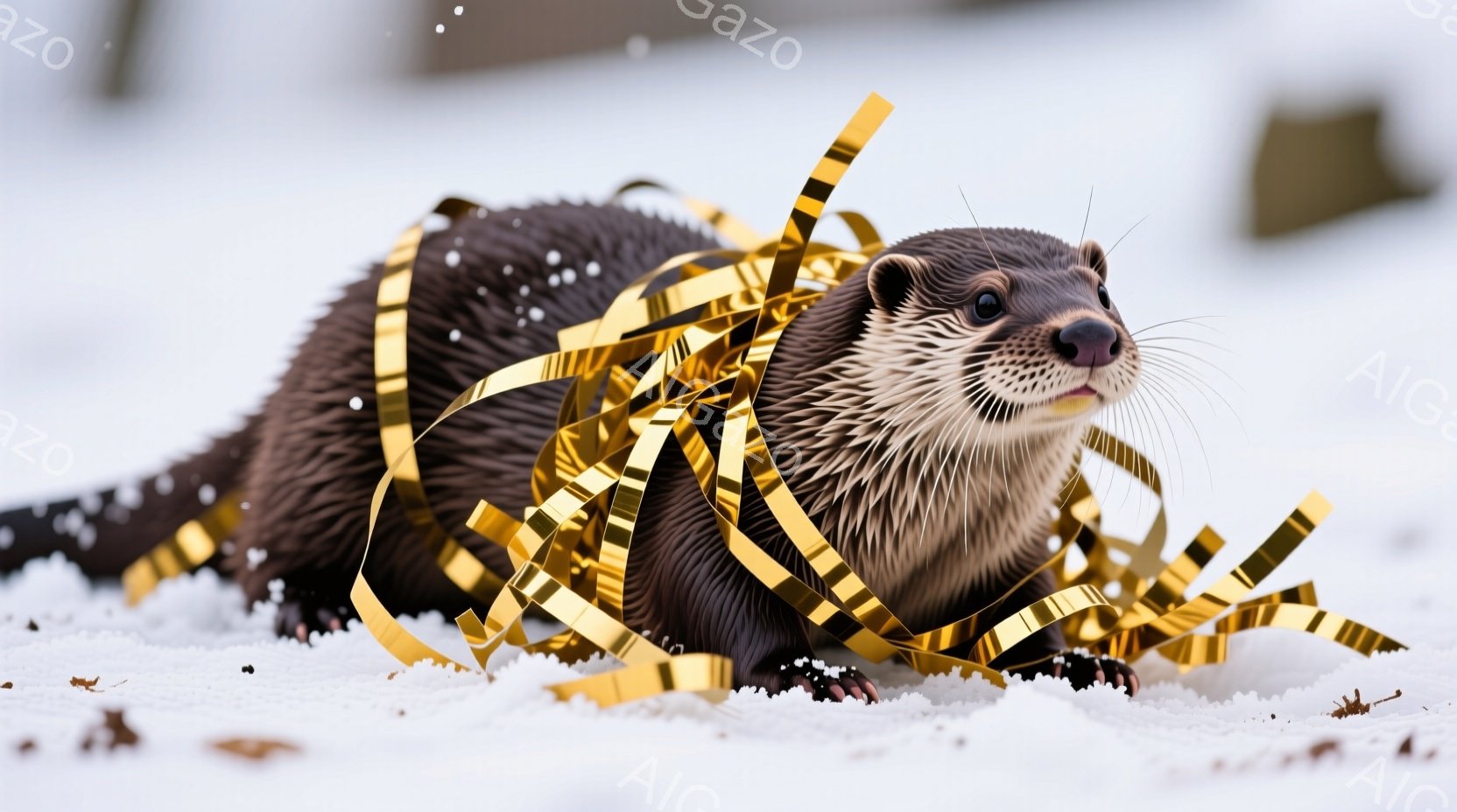 カワウソが雪の上に横たわり、金色のリボンに覆われています。その表情は穏やかで、リボンに包まれた姿はまるで祝祭の準備をしているかのようです。背景には雪景色が広がり、冬の静寂を感じさせる、温かみのある雰囲 - AI生成フリー素材