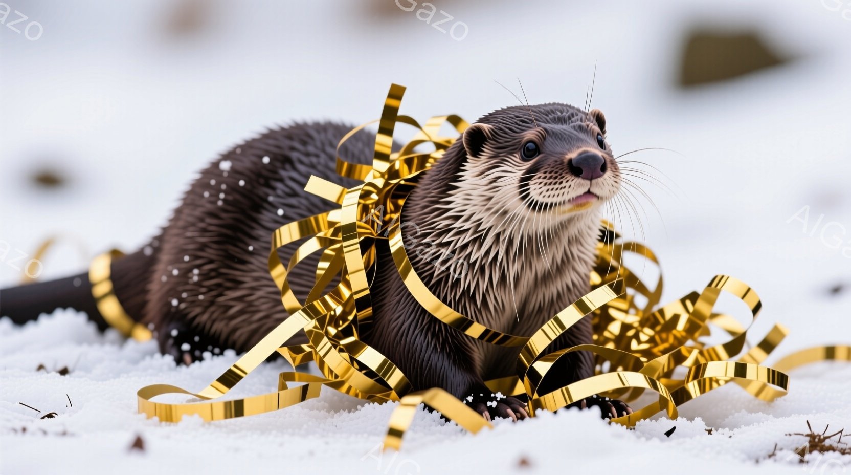 茶色のカワウソが雪の上に横たわっており、金色のリボンがその周りに散らばっている。カワウソは前足を伸ばし、穏やかな表情でカメラを見つめている。背景は雪景色で、全体的に柔らかく温かい雰囲気を醸し出している - AI生成フリー素材