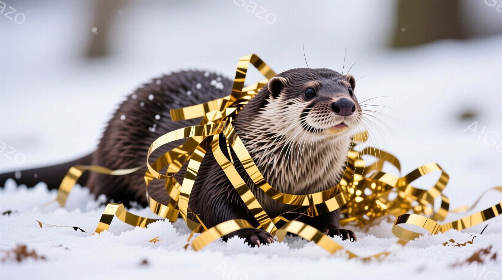 茶色のカワウソが雪の上に座っており、金色のリボンが体や周囲に巻き付いています。カワウソは前足を組み、少し上目遣いでカメラを見つめており、楽しそうな表情を浮かべています。背景は雪景色で、冬の穏やかな雰囲 - AI生成フリー素材