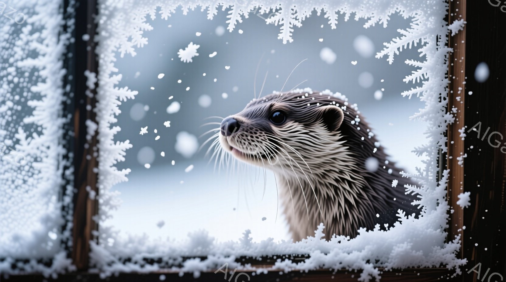 窓枠に寄り添うカワウソが写っています。雪の結晶模様が窓枠にびっしりと描かれ、背景にはぼやけた雪景色が広がっています。カワウソはカメラに向かって微笑んでおり、その毛並みは光を浴びて艶やかに輝いています。 - AI生成フリー素材