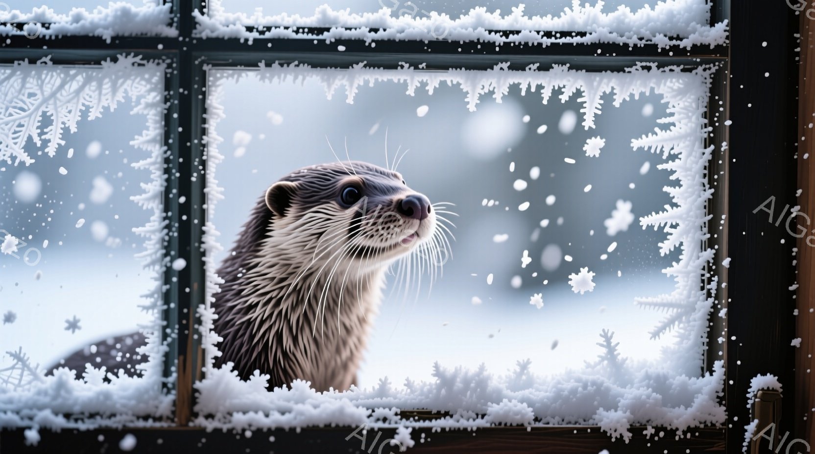白い雪の結晶が窓を覆い、その隙間からカワウソが顔を出している。カワウソは濡れた毛並みで、好奇心に満ちた表情でこちらを見つめており、冬の寒さと暖かさが入り混じった雰囲気が感じられる。背景は雪景色で、全体 - AI生成フリー素材