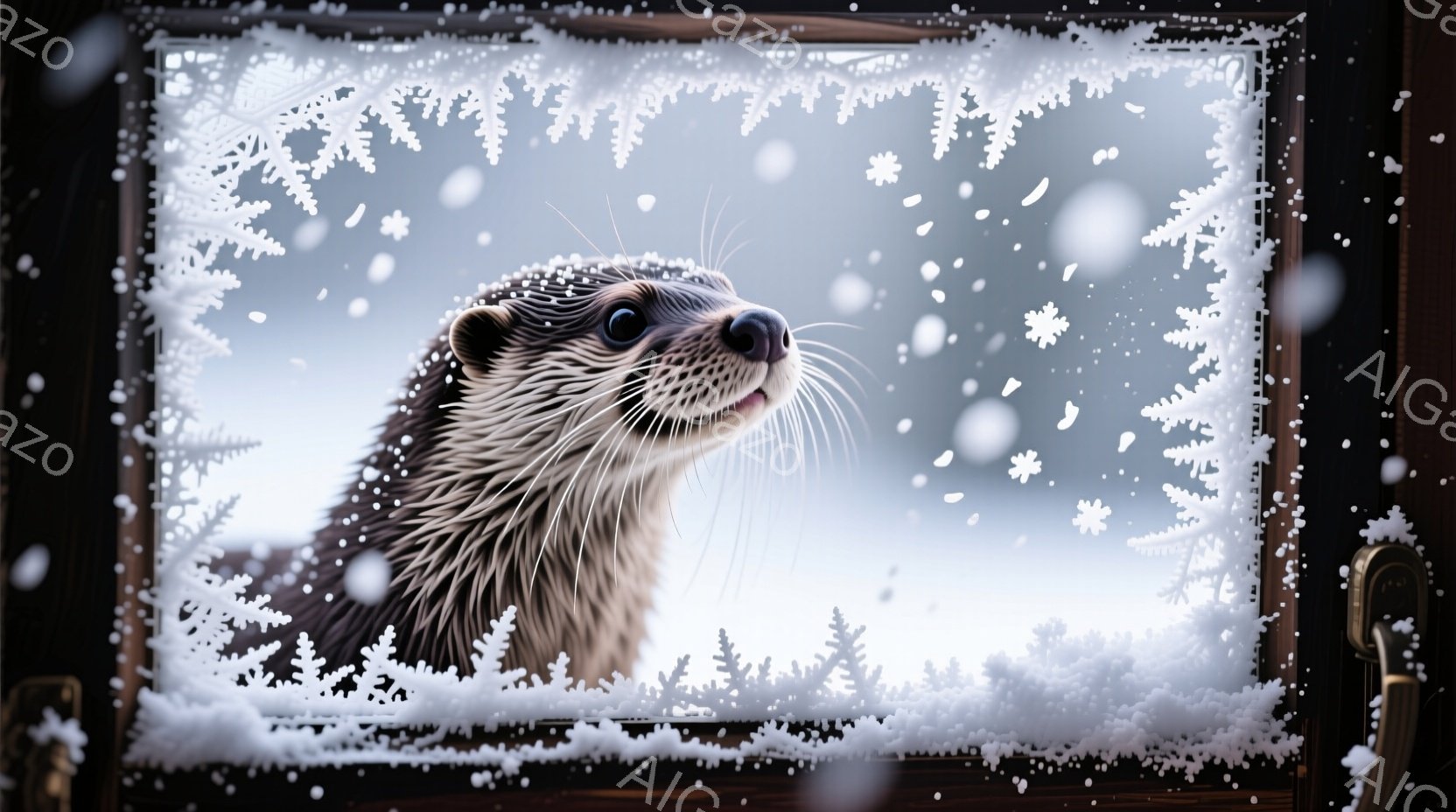 雪の結晶で飾られた窓枠の中に、カワウソが顔を出しています。好奇心とわずかな笑顔を浮かべたカワウソは、雪景色をじっと見つめており、冬の静けさの中に暖かさを感じさせます。背景にはぼんやりと雪に覆われた木々 - AI生成フリー素材