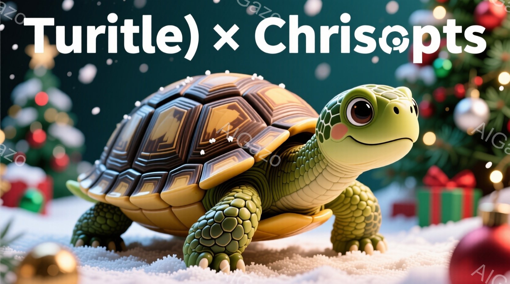 一匹の緑色のカメが白い雪の上に立っている。背景にはクリスマスツリーとプレゼントの箱があり、雪が舞っている様子が描かれている。カメは正面を見据え、丸い目で好奇心旺盛な表情をしている。 - AI生成フリー素材