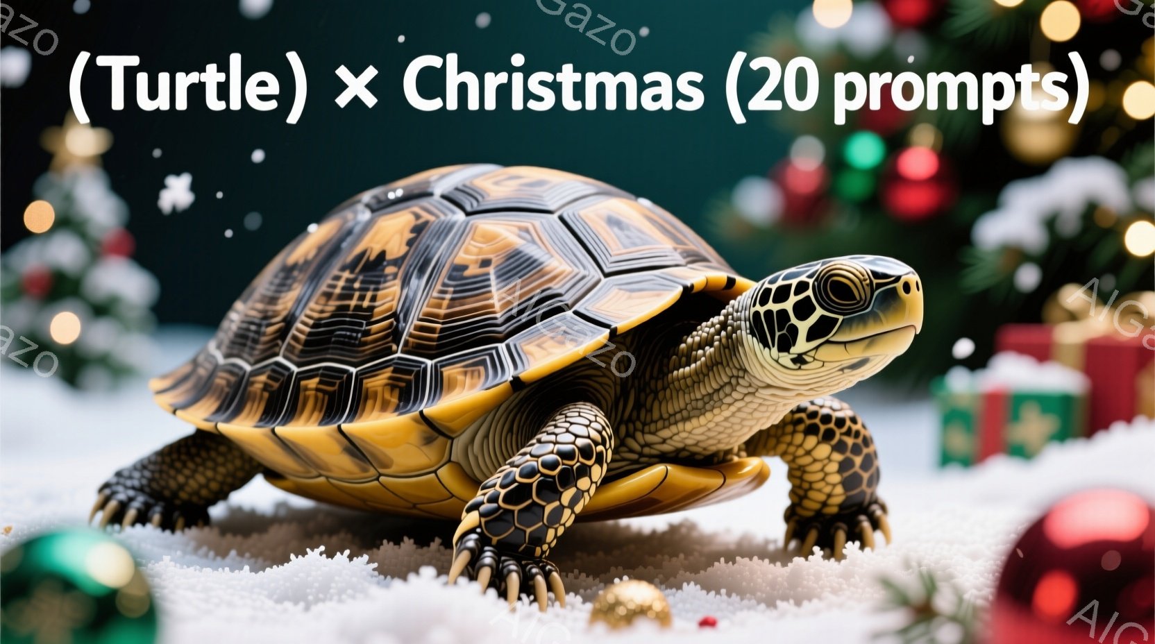 明るい黄土色の甲羅を持つカメが、雪の上に立っている。その甲羅には複雑な模様が描かれており、力強い印象を与える。背景には、クリスマスツリーやプレゼントの箱がぼやけており、雪が舞う冬の祭りの雰囲気を醸し出している。