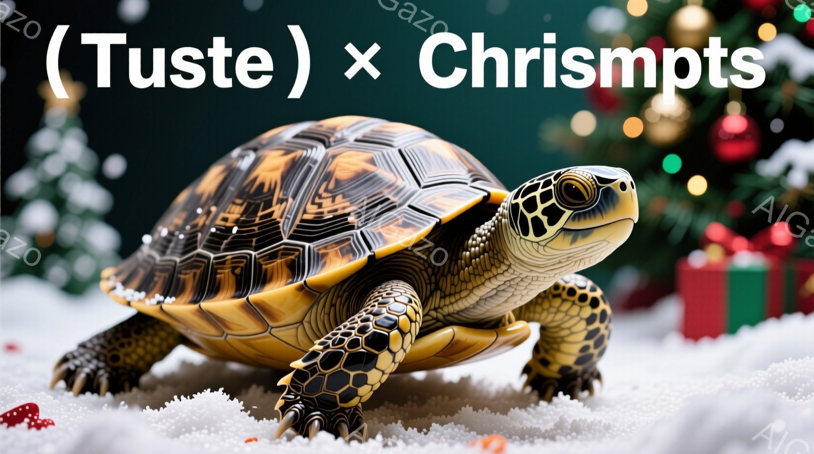 明るい緑色の背景に、複雑な模様の甲羅を持つカメが写っている。カメは前足を前に出し、地面に触れようとしているように見える。背景には、ぼやけたクリスマスツリーとプレゼントの箱があり、雪が降り積もっている様子がうかがえる。