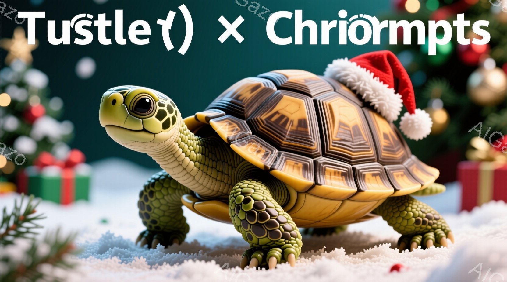 リクガメがクリスマス用の赤い帽子を被り、雪の上に立っている。その表情は穏やかで、前方をじっと見つめている。背景にはクリスマスツリーやプレゼントの箱があり、雪が舞う冬の暖かく楽しい雰囲気を醸し出している。