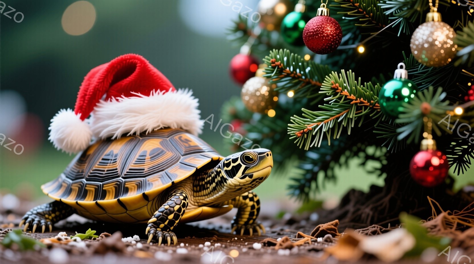 リクガメがクリスマスツリーのそばで、赤いサンタ帽をかぶって正面を見つめています。背景には緑色の針葉樹のクリスマスツリーがあり、赤いオーナメントが輝いています。土と落ち葉で覆われた地面が、冬の祝祭の温かく心地よい雰囲気を醸し出しています。