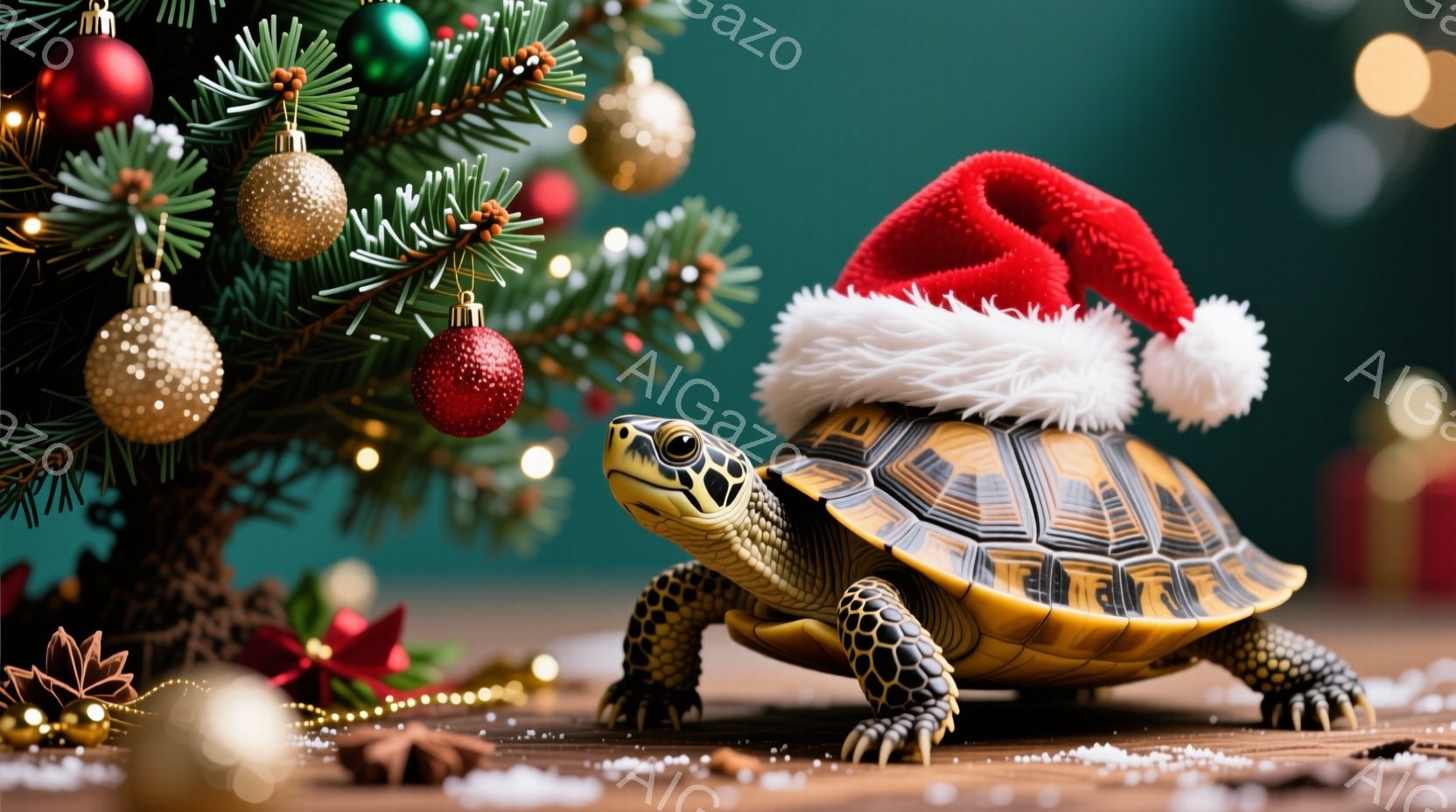 カメがクリスマスのサンタ帽をかぶり、木の板の上で正面を見つめています。背景にはクリスマスツリーの枝と赤い飾り、そして雪が散りばめられた木製の表面が見えます。全体的に、暖かくお祝いの雰囲気が漂う、可愛らしい光景です。