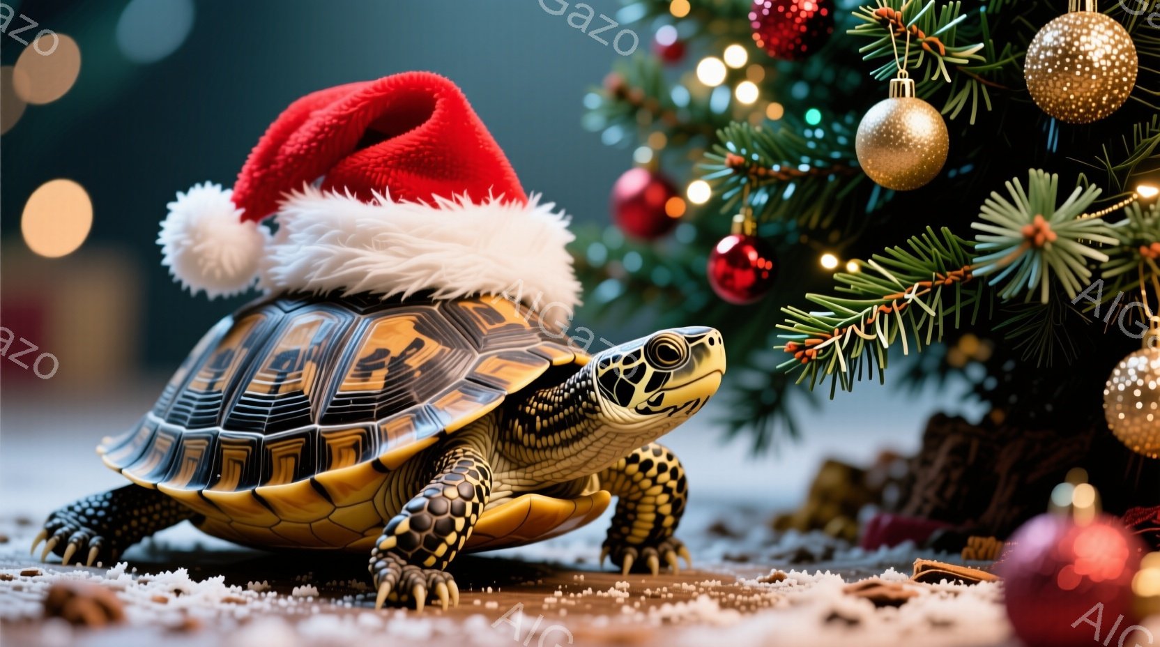 カメがクリスマスツリーの前で、頭に赤いサンタ帽をかぶって正面を見つめています。ツリーは緑の葉と金色のオーナメントで飾られ、背景にはぼやけた光が散りばめられています。雪が散りばめられた地面と、カメの鋭い - AI生成フリー素材