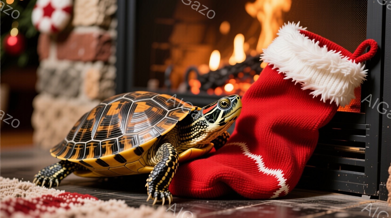 赤いクリスマスストッキングの横に、甲羅に美しい模様が入ったカメがいます。カメは前足を伸ばしてストッキングに寄りかかっており、落ち着いた表情をしています。背景には暖炉があり、炎が燃えており、全体的に暖かく、クリスマスの雰囲気が漂っています。