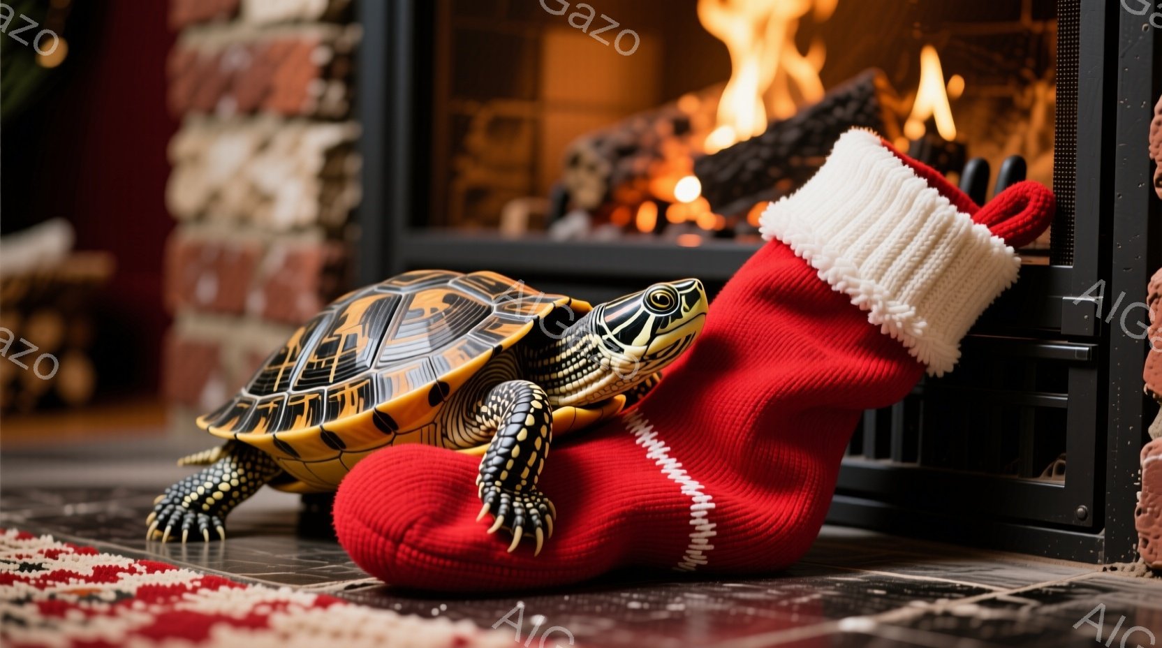 リクガメが赤いクリスマスソックスに頭と足を入れ、まるでソックスの中に潜り込んでいるような面白い姿をしています。背景にはレンガ造りの暖炉があり、火が燃えて暖かな雰囲気を醸し出しています。床には赤い模様の絨毯が敷かれ、リクガメのカラフルな甲羅とコントラストをなしています。
