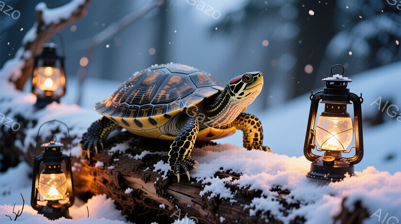 雪に覆われた木の幹の上に、美しい模様の亀が佇んでいます。周囲には点灯したランタンが置かれ、雪が舞う幻想的な雰囲気を演出しています。亀の表情は穏やかで、冬の静寂の中で凛と生きている姿が印象的です。