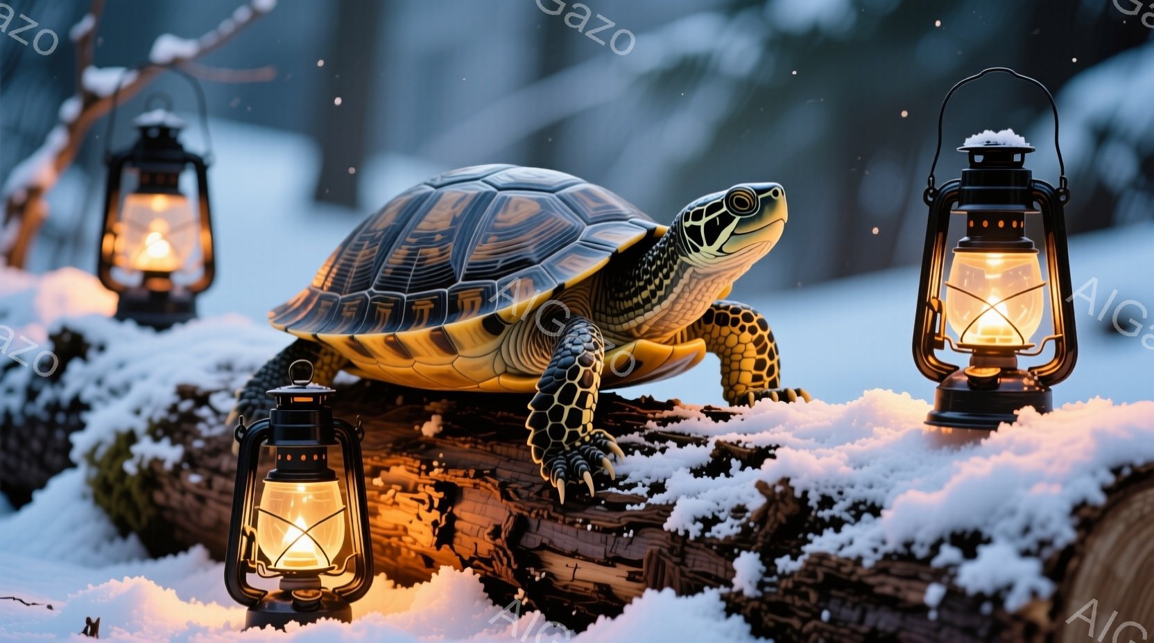 雪の上に置かれた流木に、甲羅に美しい模様のあるカメが立っている。周囲には灯りが点された黒い提灯が三つ配置され、暖かく幻想的な雰囲気を醸し出している。雪景色と提灯の光がカメを照らし、冬の静寂と温かさが共 - AI生成フリー素材