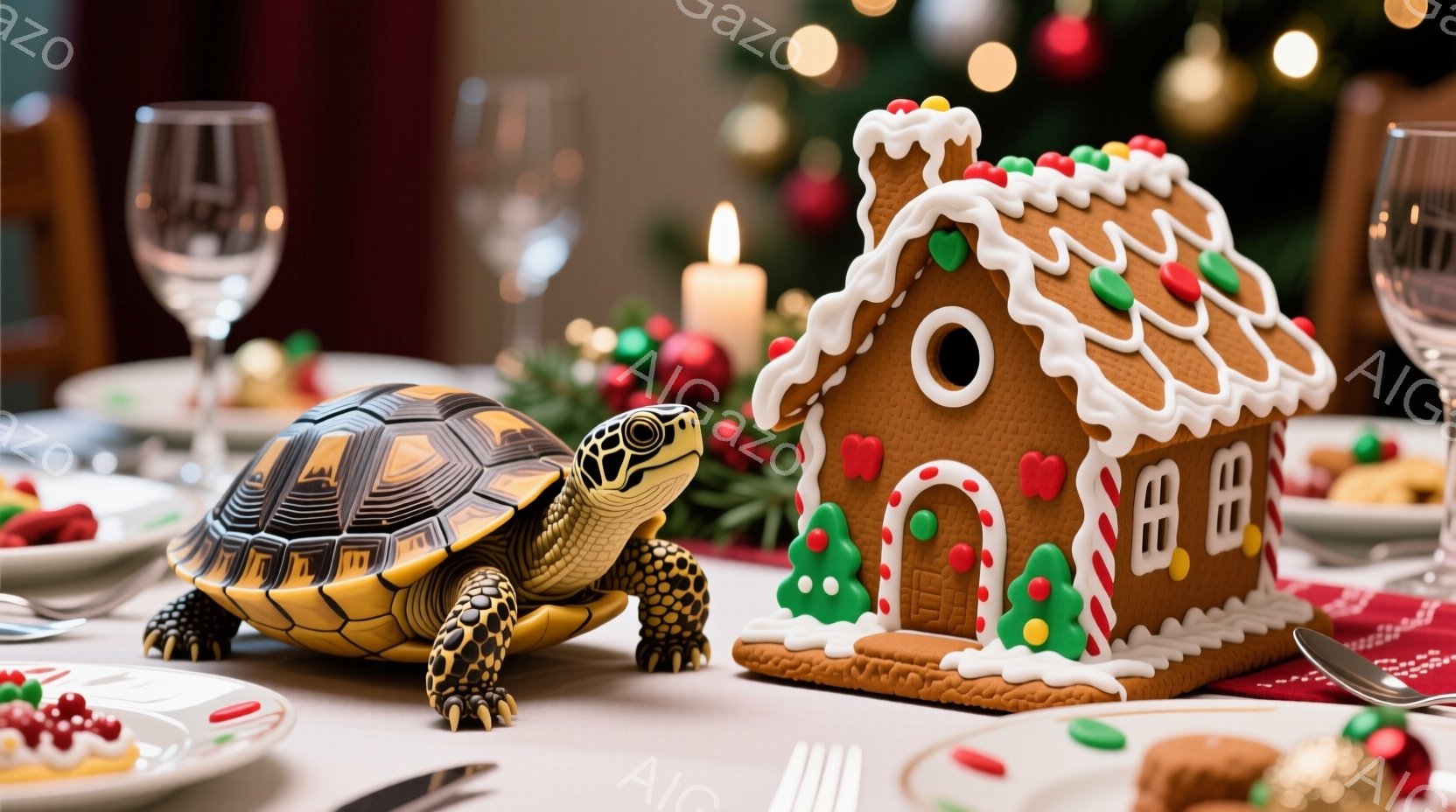 テーブルの上には、手作りのジンジャーブレッドハウスと、その横をゆっくりと歩く小さな亀がいます。背景にはぼやけたクリスマスツリーと、食器が並び、暖かくお祝いムードのダイニングルームの様子が伺えます。亀は - AI生成フリー素材
