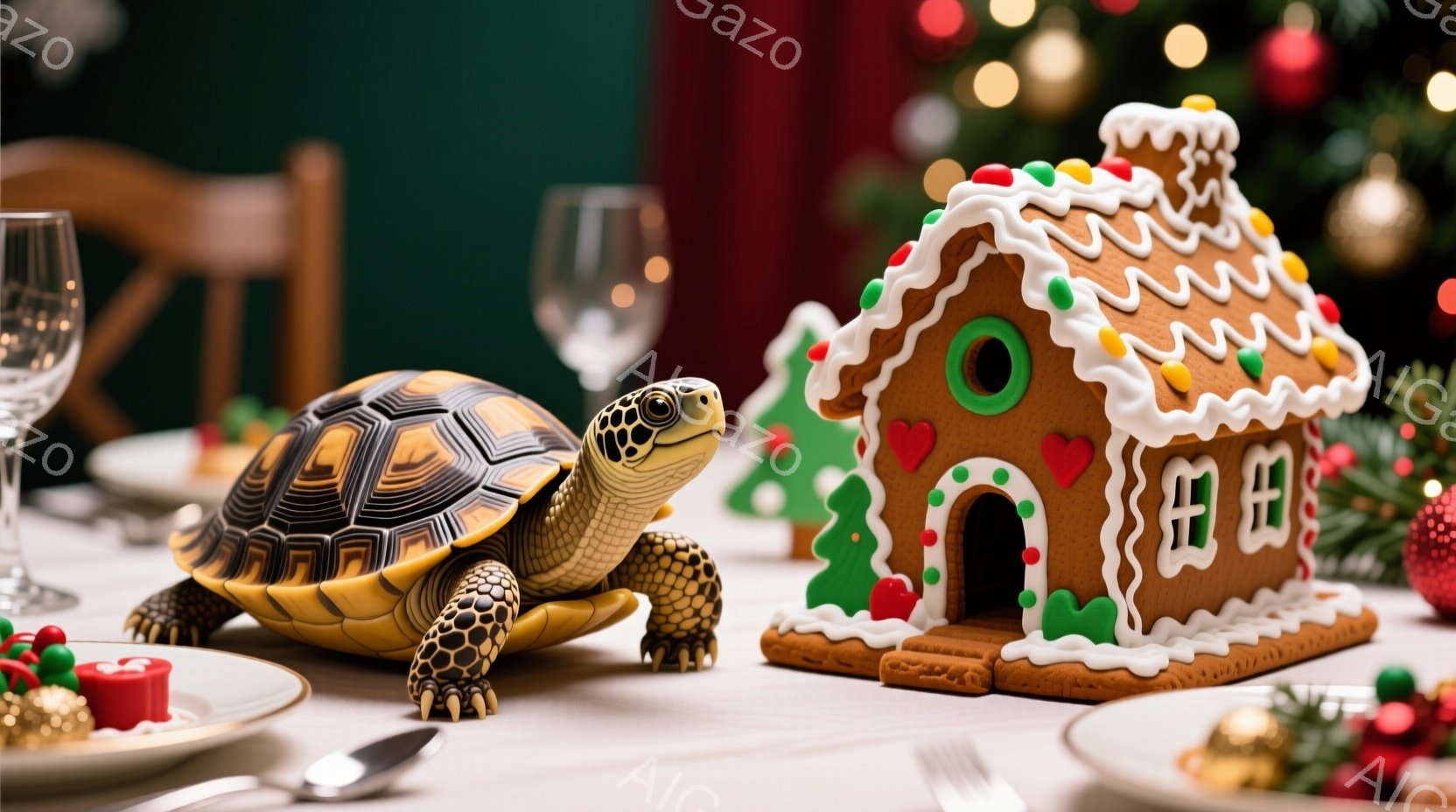 白いテーブルの上に、甲羅に模様のあるカメがクリスマスツリーのオーナメントの近くで、ジンジャーブレッドハウスに向かって歩いている様子が写っている。背景にはぼやけたクリスマスツリーと、テーブルセッティング - AI生成フリー素材