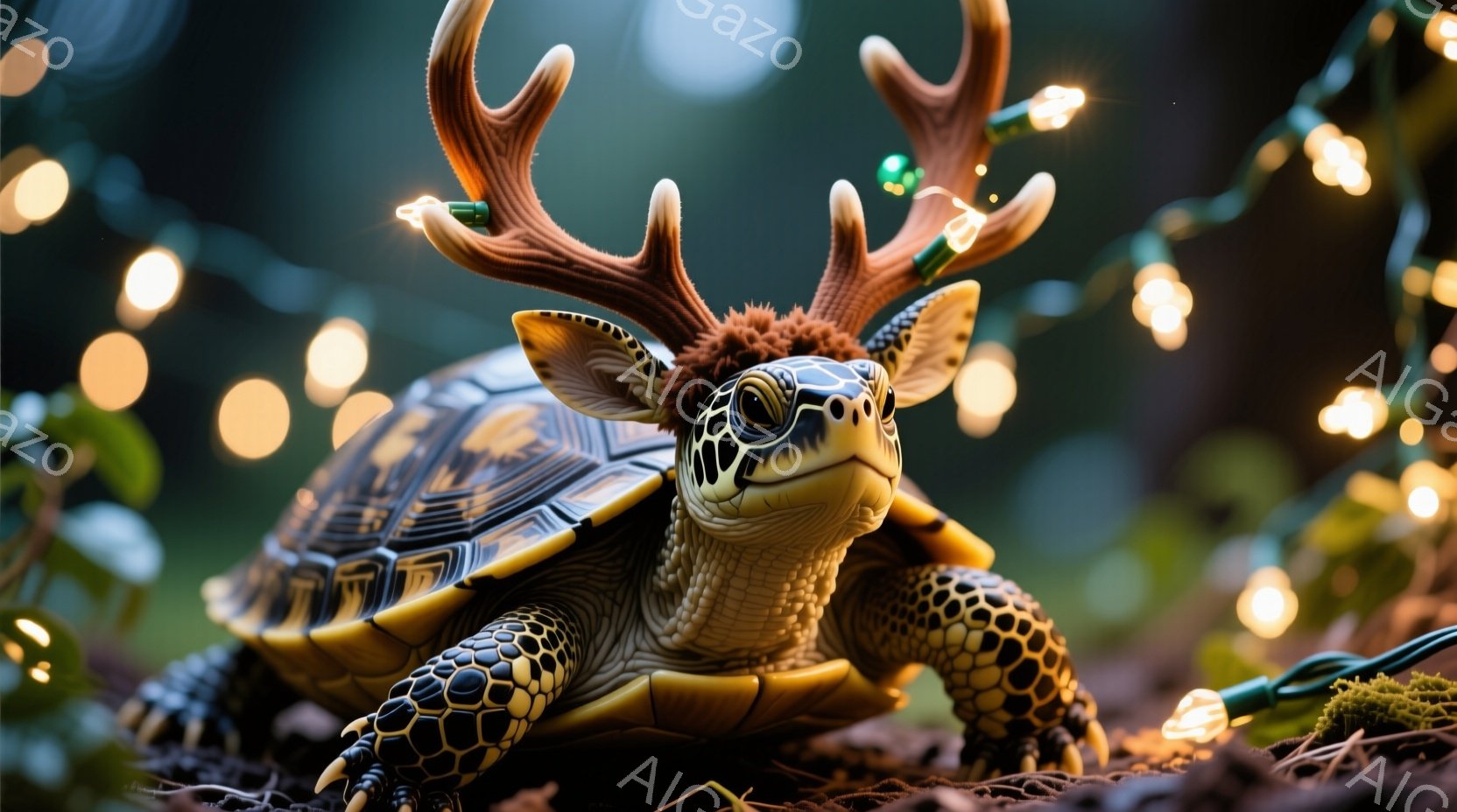 鮮やかな甲羅を持つ亀が、頭に角の飾りを付けて正面を見つめている。背景にはぼやけた自然の風景と、光る小さな電球が散りばめられており、どこか幻想的な雰囲気を醸し出している。亀の表情は穏やかで、どこかユーモ - AI生成フリー素材