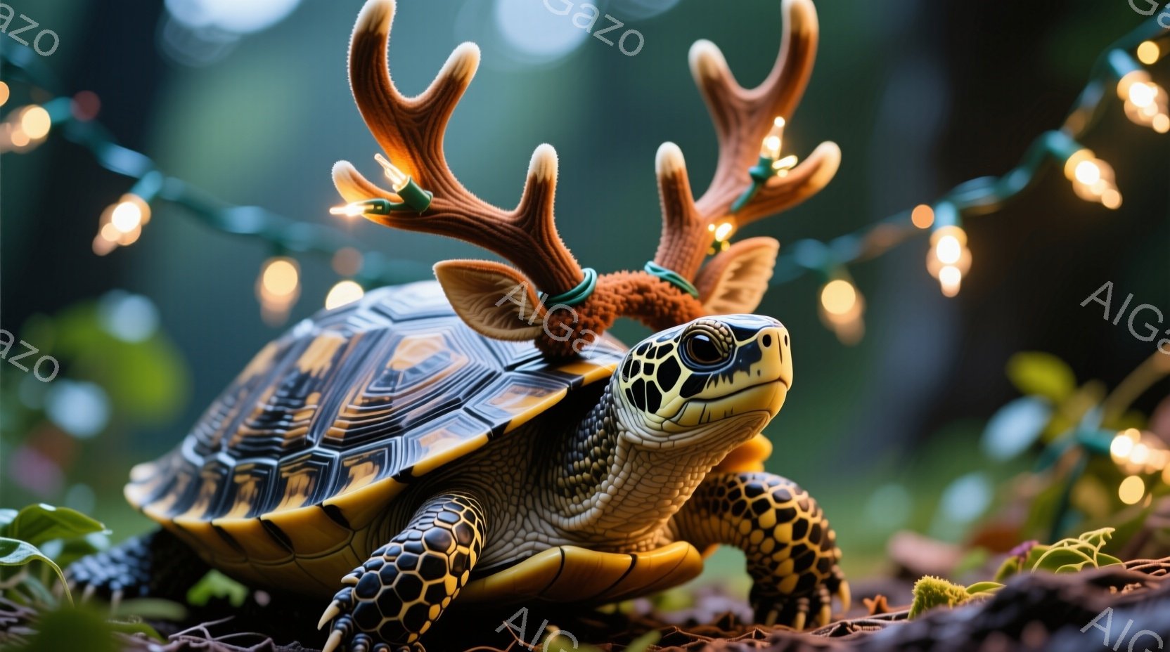 亀は複雑な模様の甲羅を持ち、頭には角のような装飾が乗せられています。鮮やかな緑色のライトが背景にぼんやりと光り、落ち葉が敷き詰められた地面の上に静止しています。全体的に、遊び心があり、幻想的な雰囲気が漂っています。