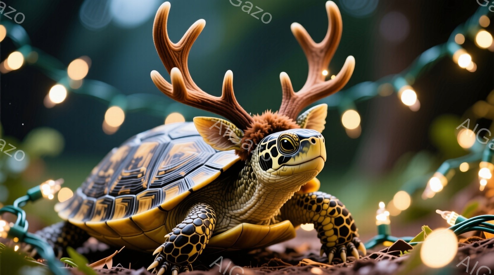 カメが、まるで鹿のような角と、毛皮のような襟巻きをつけている奇妙な姿をしている。背景には緑色の光が点滅する電飾があり、地面は土や落ち葉で覆われている。全体的に、遊び心があり、シュールな雰囲気を醸し出している。