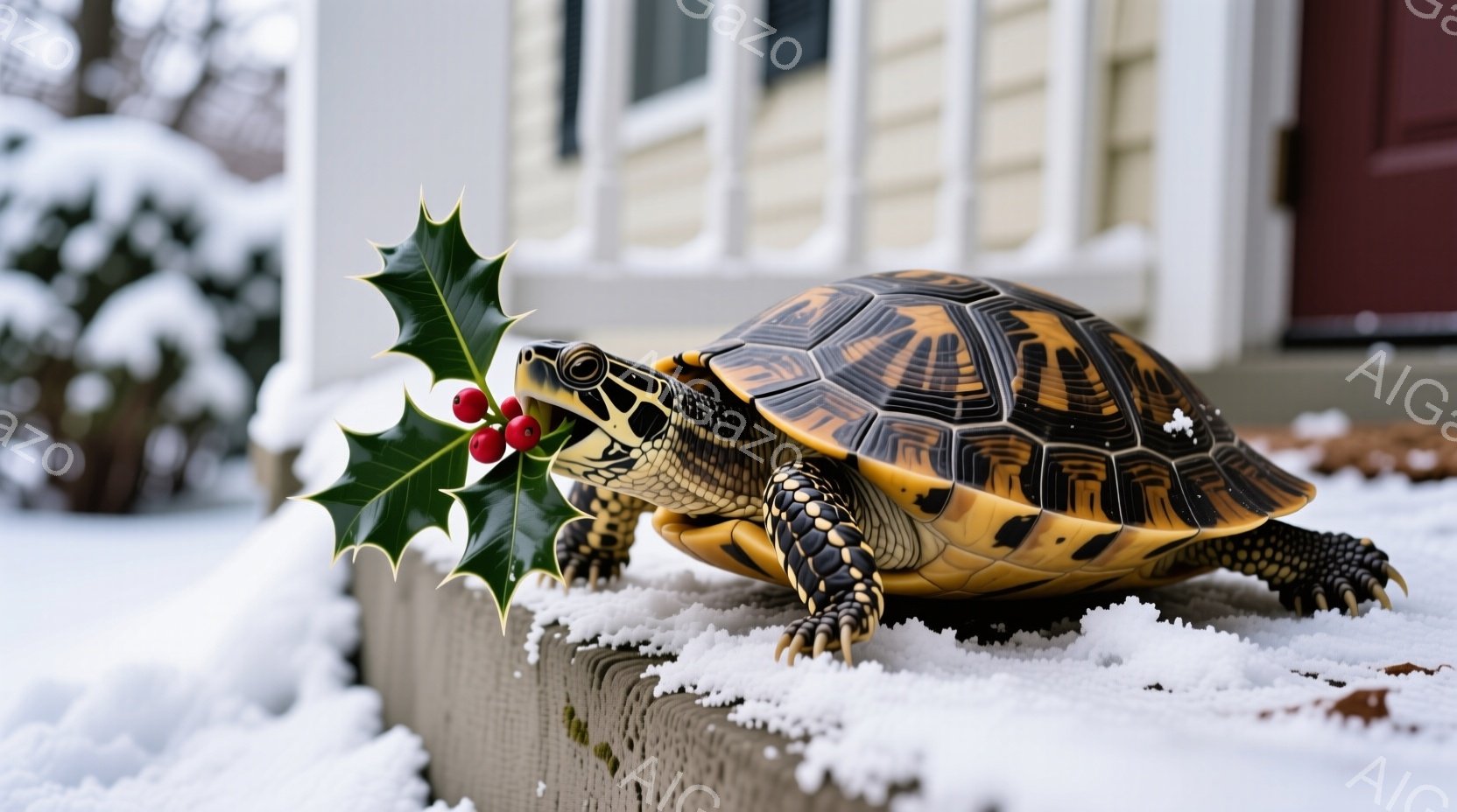 鮮やかな甲羅を持つカメが、雪が積もったコンクリートの縁に佇んでいます。口には赤い実のついたホリデーの葉っぱを挟んでおり、まるで冬の装飾の一部のように見えます。背景には、雪景色の中にわずかに見えるクリーム色の建物があり、静かで穏やかな冬の雰囲気を醸し出しています。