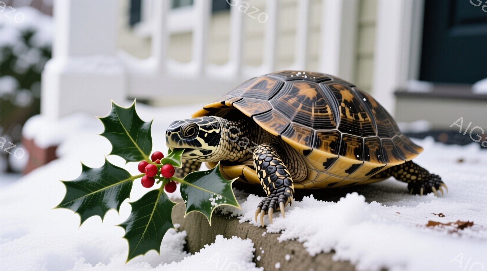 雪が積もる庭に、ホリデーシーズンを象徴する赤い実の付いたヒイラギの葉をくわえたカメがいます。カメは茶色と黄色の美しい模様の甲羅を持ち、地面の木の根元に寄りかかって少しだけ前を見ているようです。背景には白い壁の建物が見え、全体的に冬の静けさと祝日の温かさを感じさせる穏やかな雰囲気です。