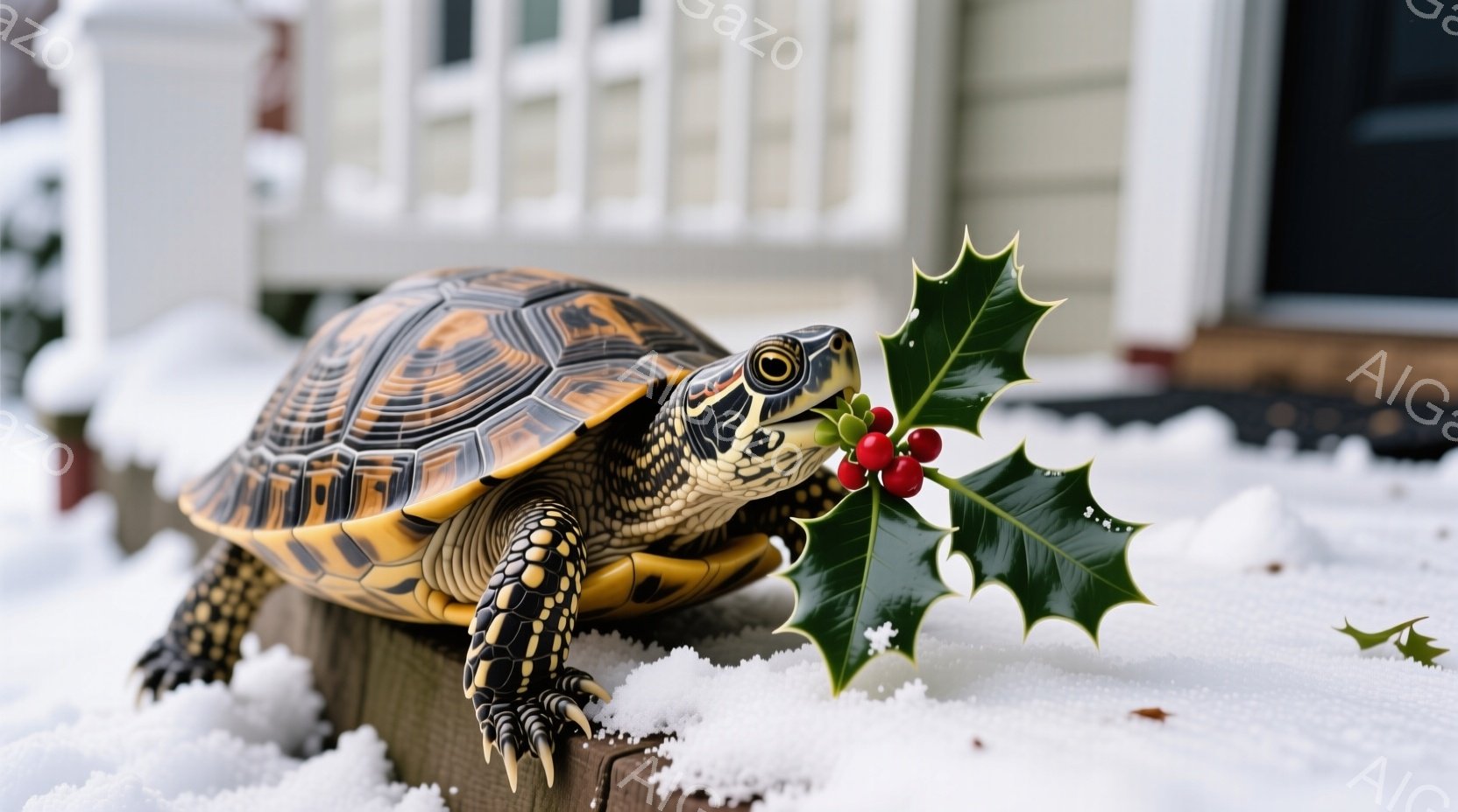 鮮やかな甲羅を持つカメが、雪の上に置かれた丸太の上で、赤い実の付いたヒイラギを口にくわえています。背景には白い壁の家が見え、雪が降り積もった冬の景色が広がっています。カメの表情は穏やかで、どこかユーモラスな雰囲気を醸し出しています。