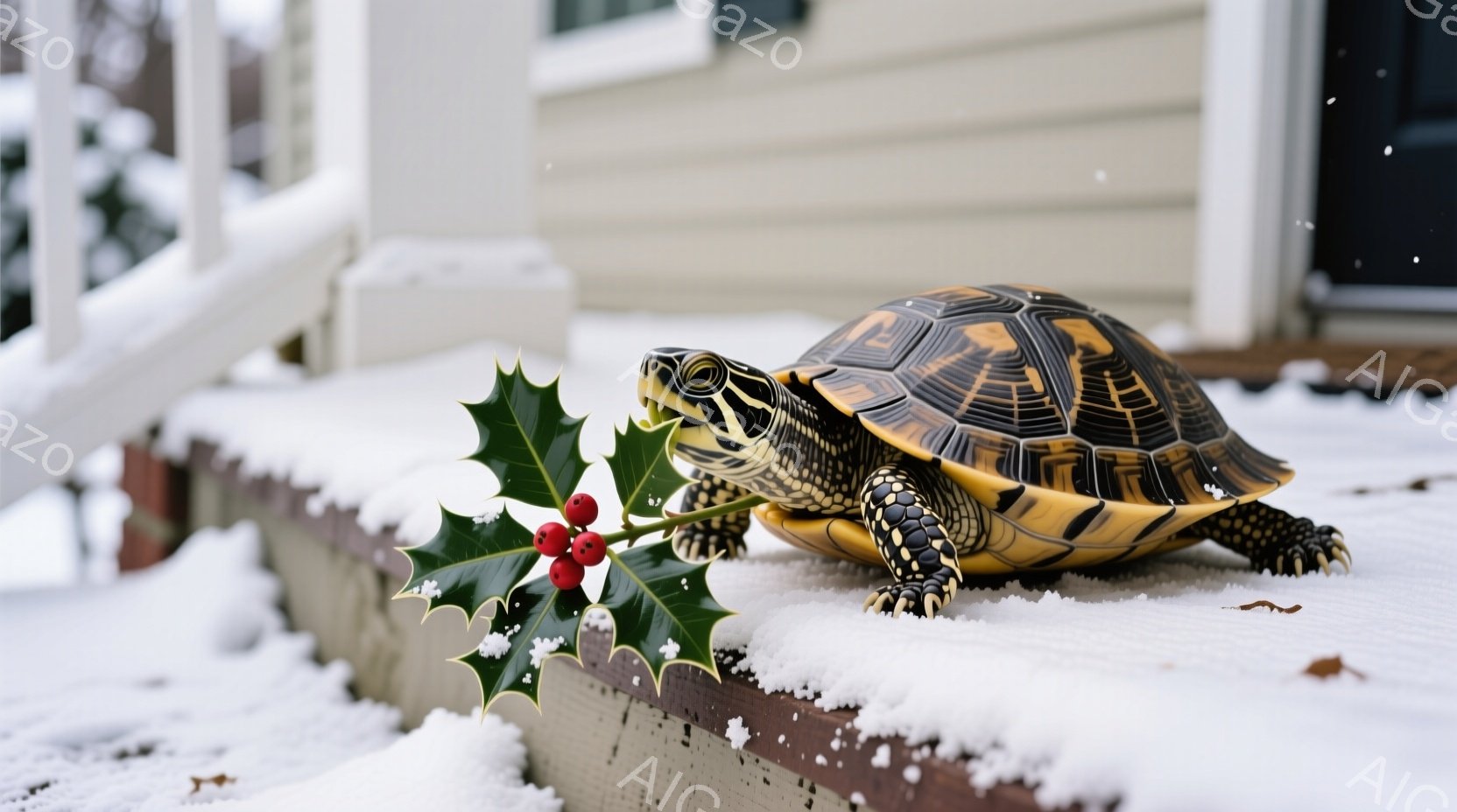 白い雪の上に、甲羅に美しい模様のあるカメが休んでいます。カメはホリデーシーズンを象徴する赤い実のついた葉をくわえており、冬の自然の中で独特の存在感を放っています。背景には白い家と雪が積もった階段が見え - AI生成フリー素材