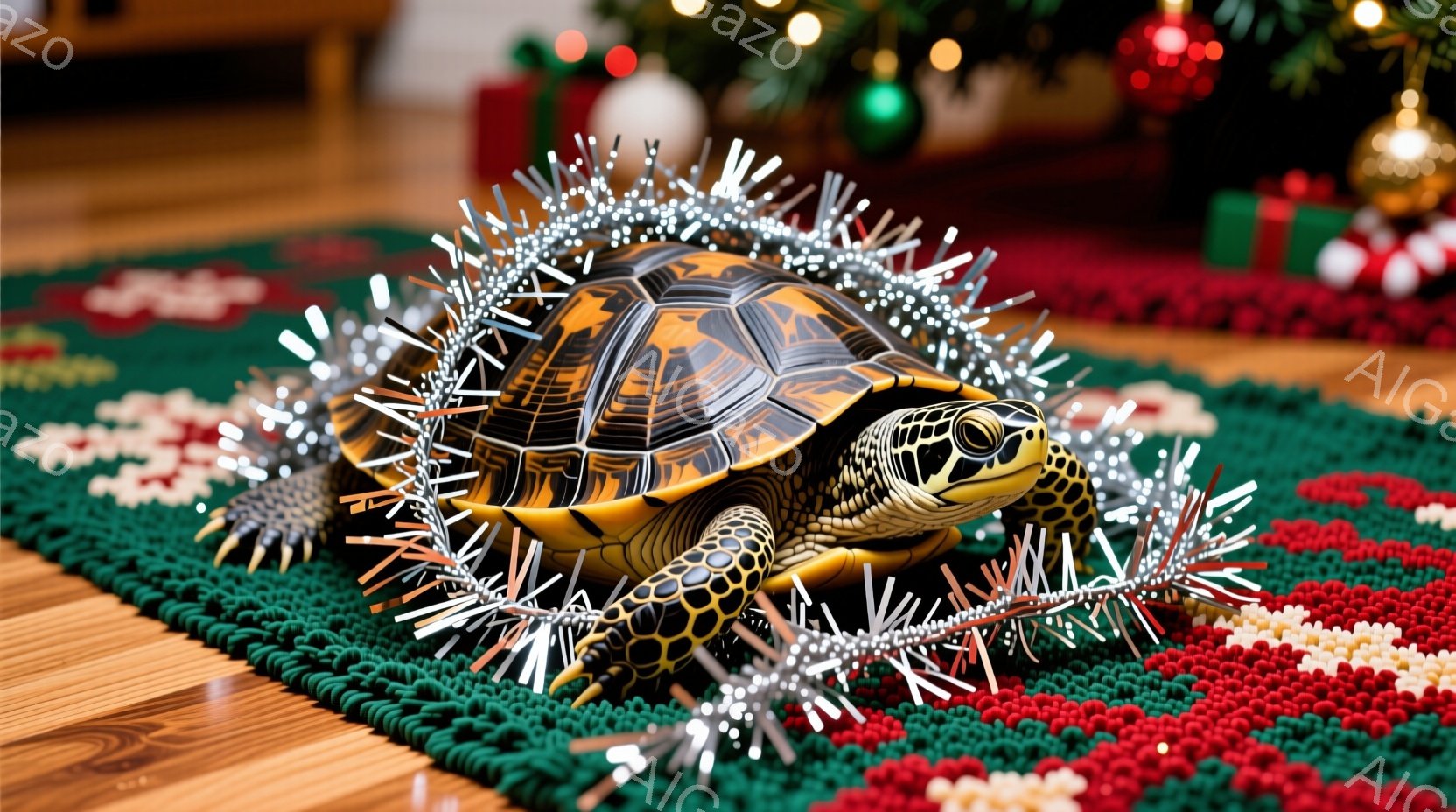 リクガメがクリスマス風の敷物の上に座っており、首と甲羅の周りに銀色のクリスマスガーランドが巻き付いています。敷物は赤、緑、白のモール織りで、背景にはぼやけたクリスマスツリーとオーナメントが見えます。全体的に、温かく、お祭り気分で、リクガメがホリデーシーズンを楽しんでいるような雰囲気です。