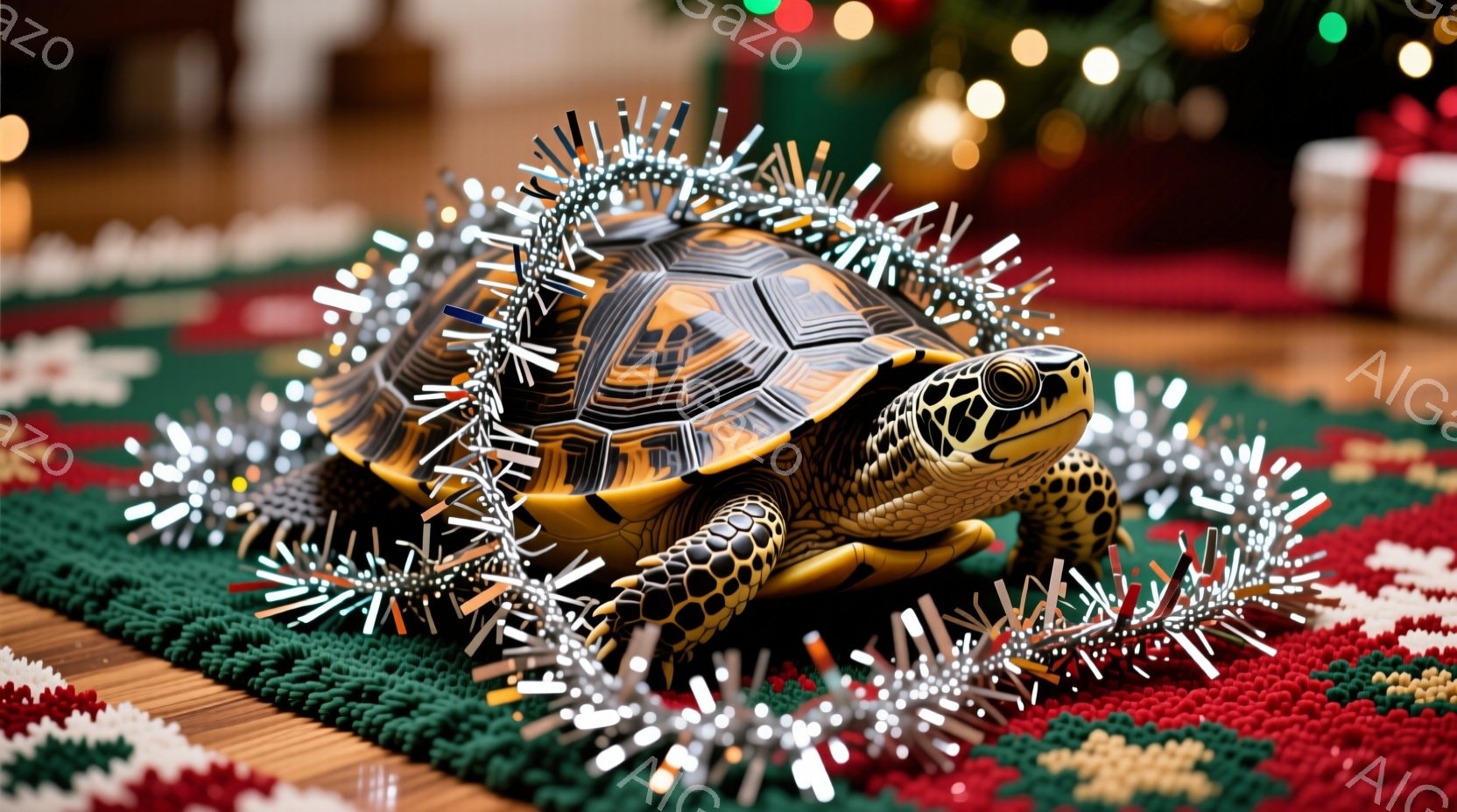 リクガメがクリスマスデコレーションの銀色のモールで首を飾り、カーペットの上に座っている。背景にはぼやけたクリスマスツリーの光があり、暖かくお祝いの雰囲気が漂っている。リクガメは落ち着いており、その模様とデコレーションが魅力的なコントラストを生み出している。